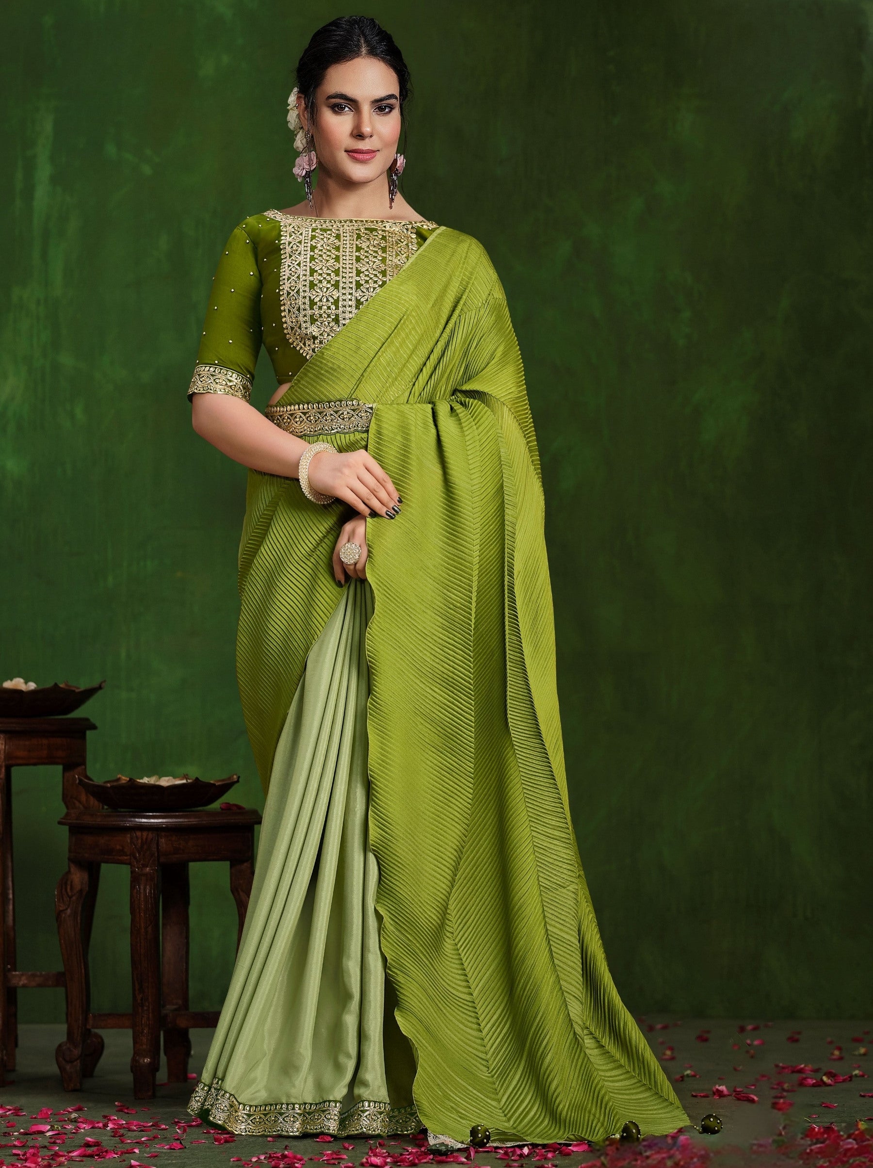 Lawn Green Celebration Saree - TrendOye