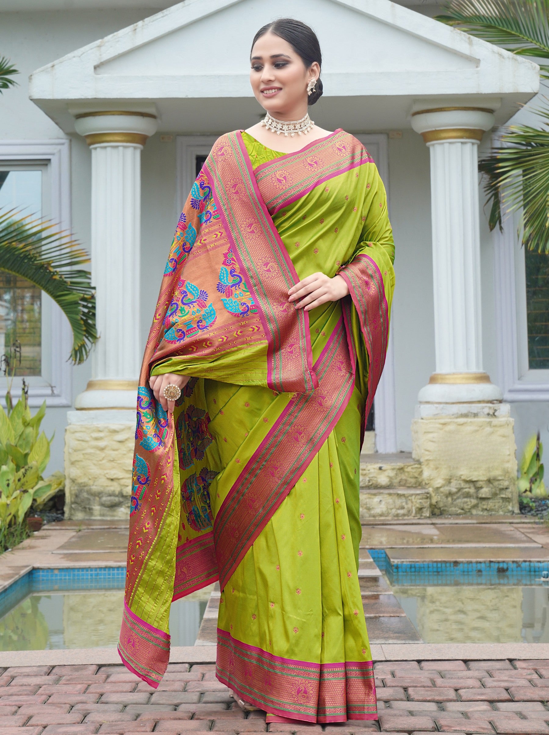 Apple Green Festive Saree - TrendOye