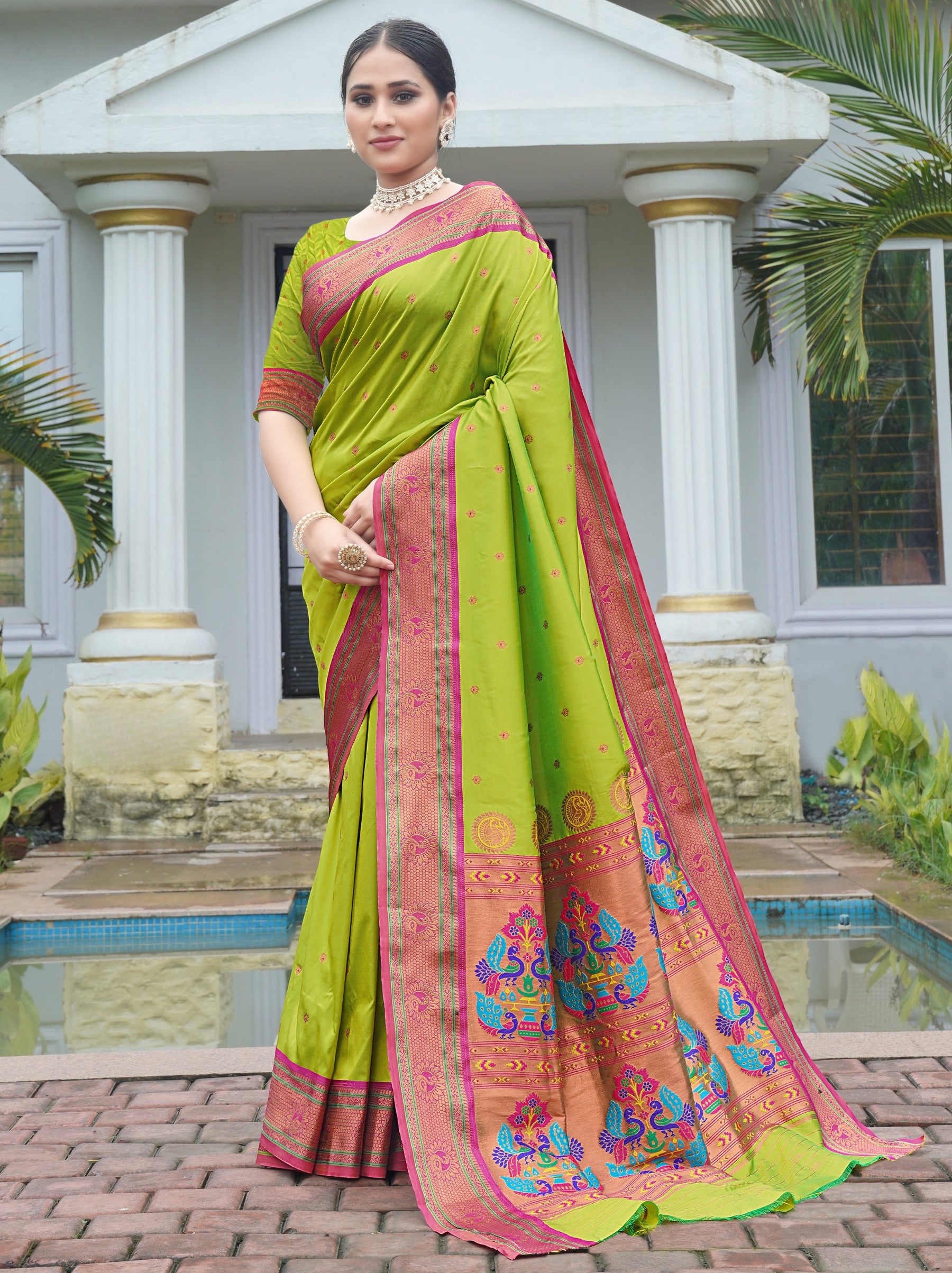 Apple Green Festive Saree - TrendOye
