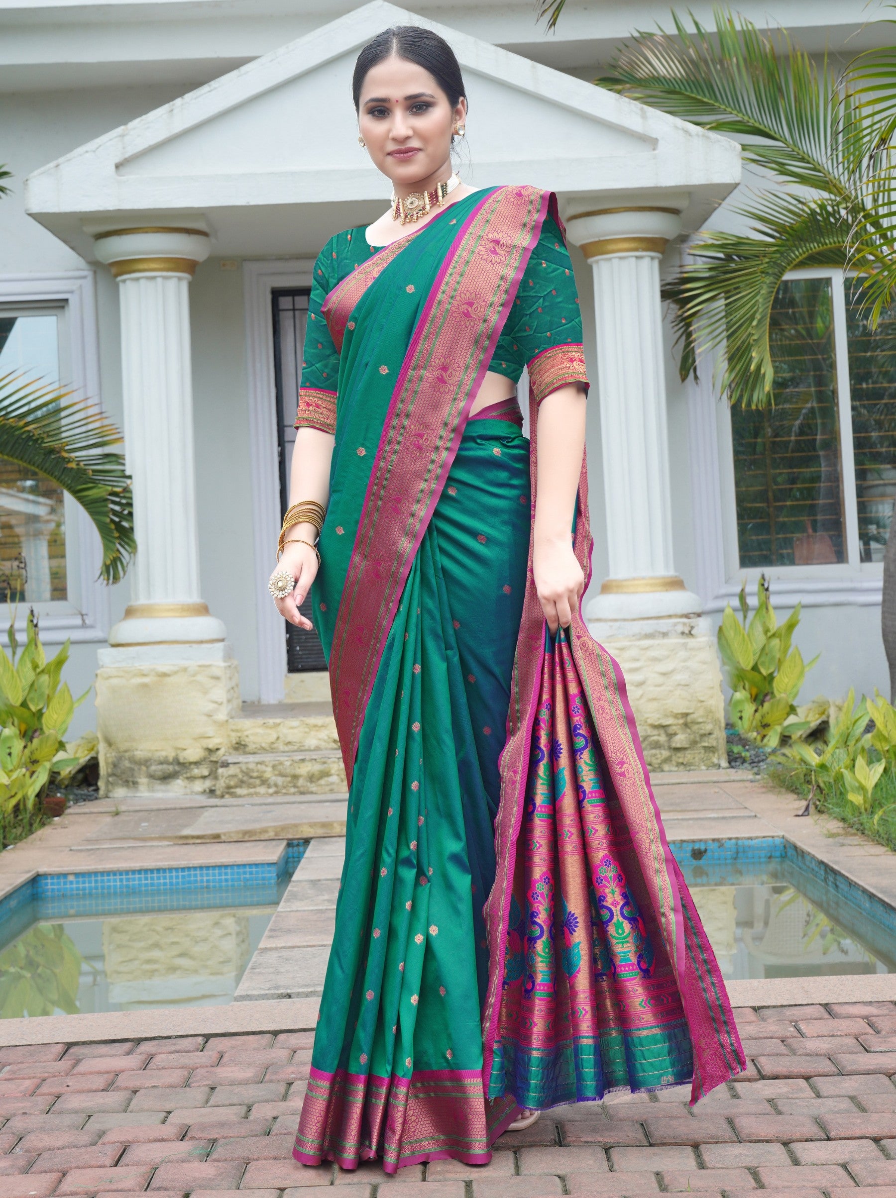 Pine Green Festive Saree - TrendOye