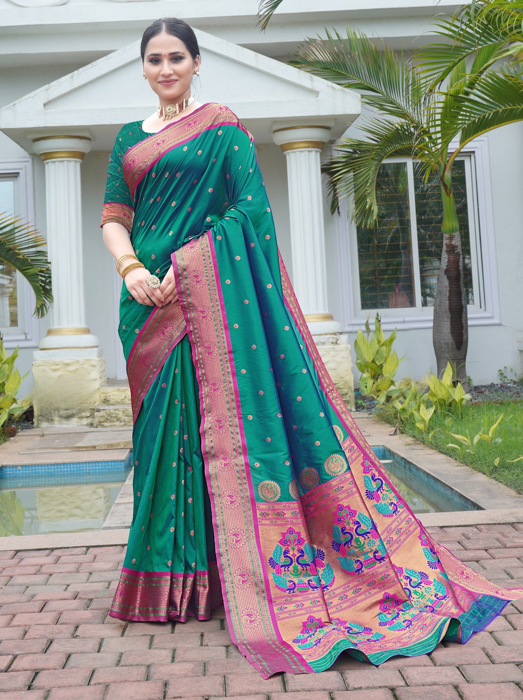 Pine Green Festive Saree - TrendOye