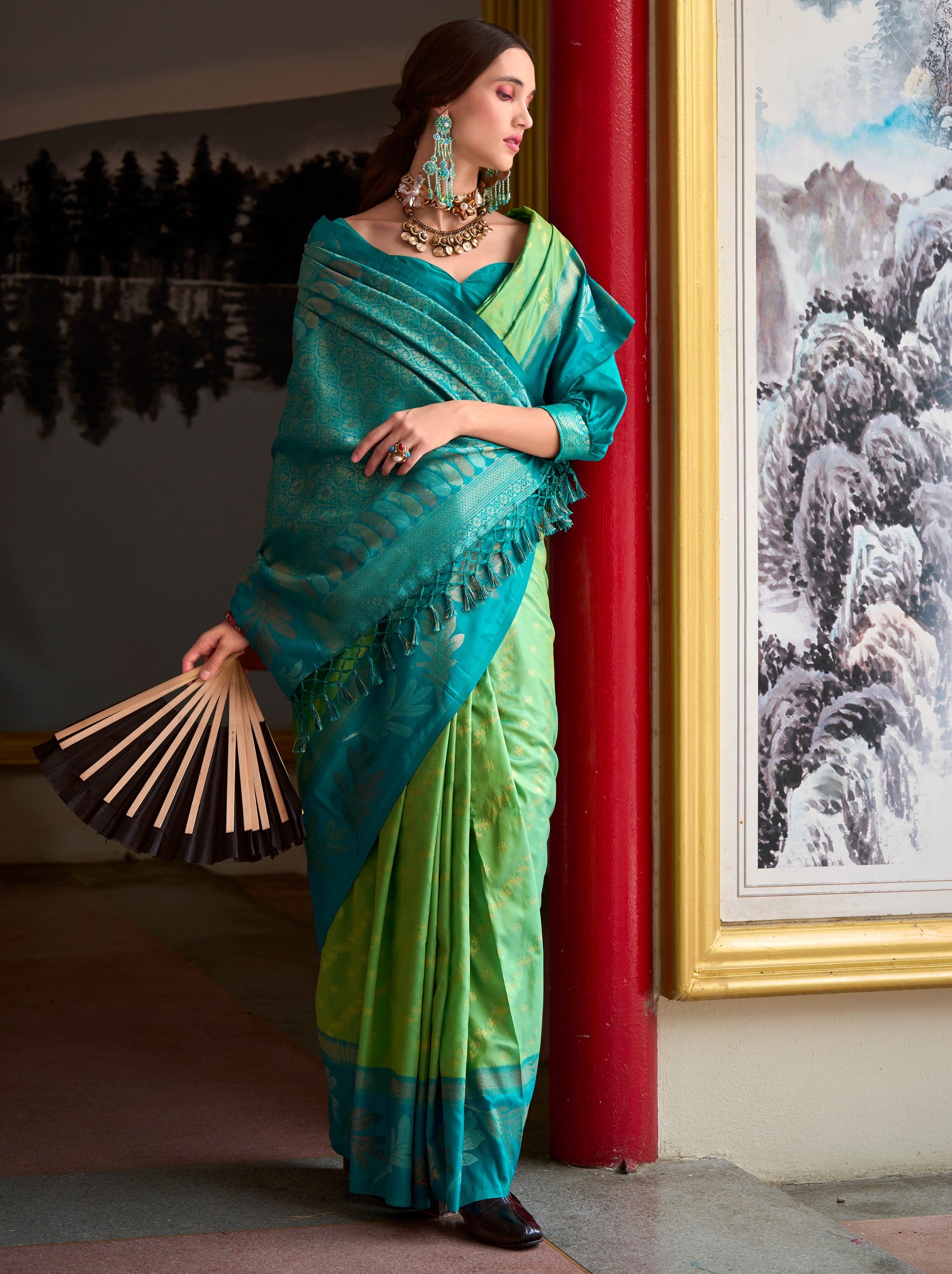 Lawn Green Celebration Saree - TrendOye