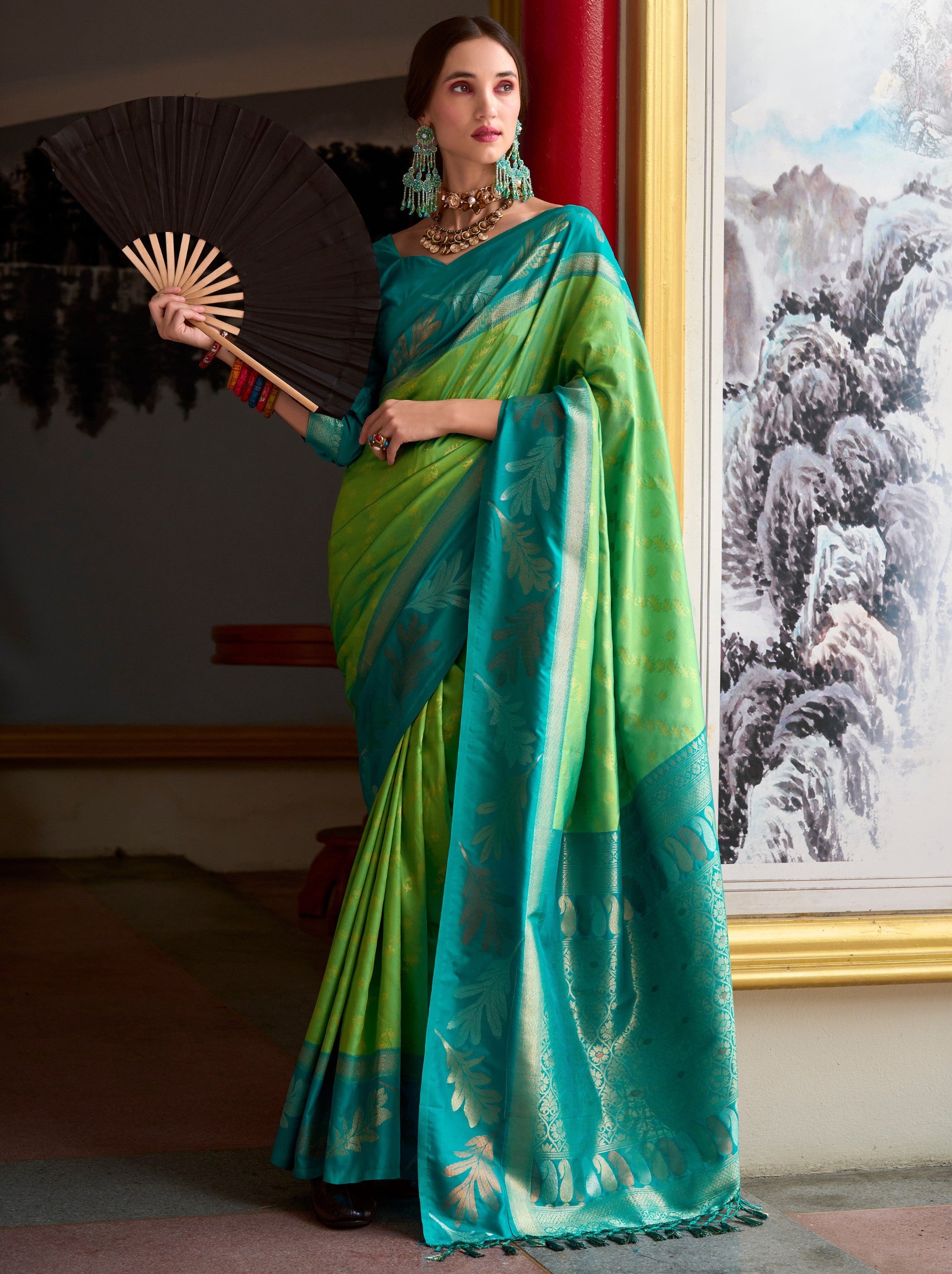 Lawn Green Celebration Saree - TrendOye