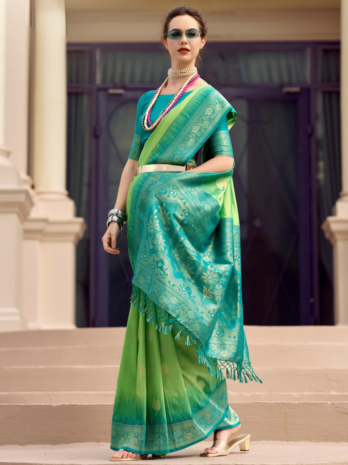 Lime Green Celebration Saree - TrendOye