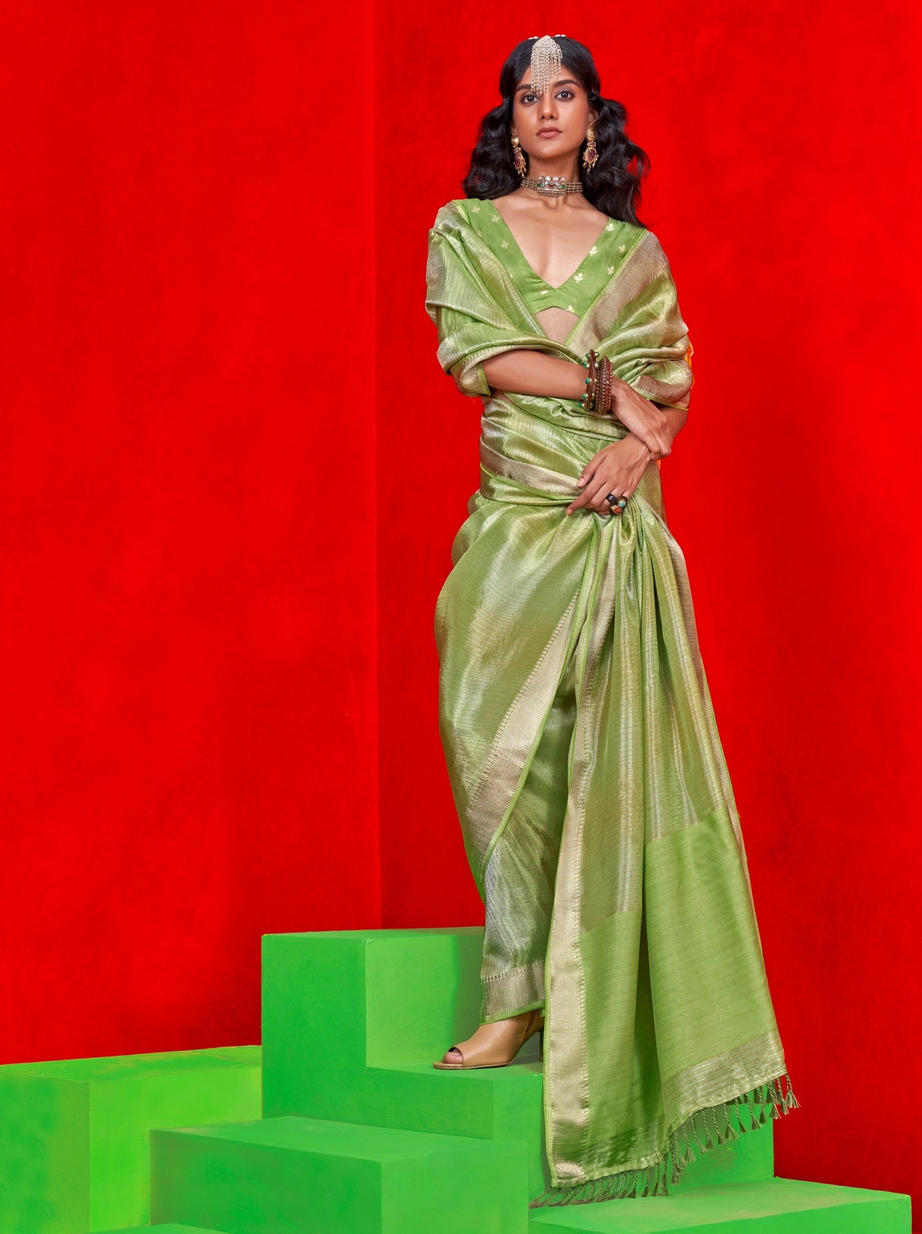 Apple Green Celebration Saree - TrendOye