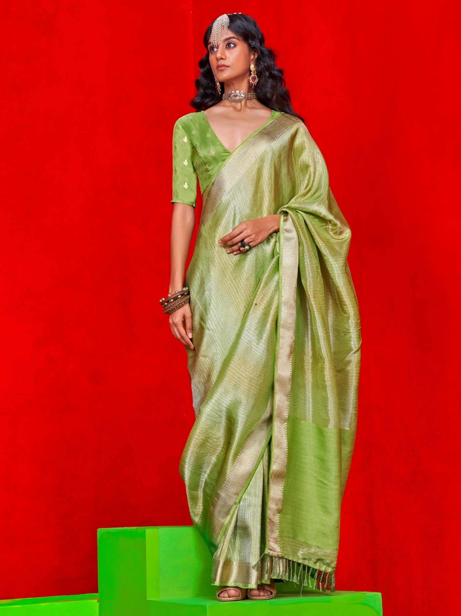 Apple Green Celebration Saree - TrendOye
