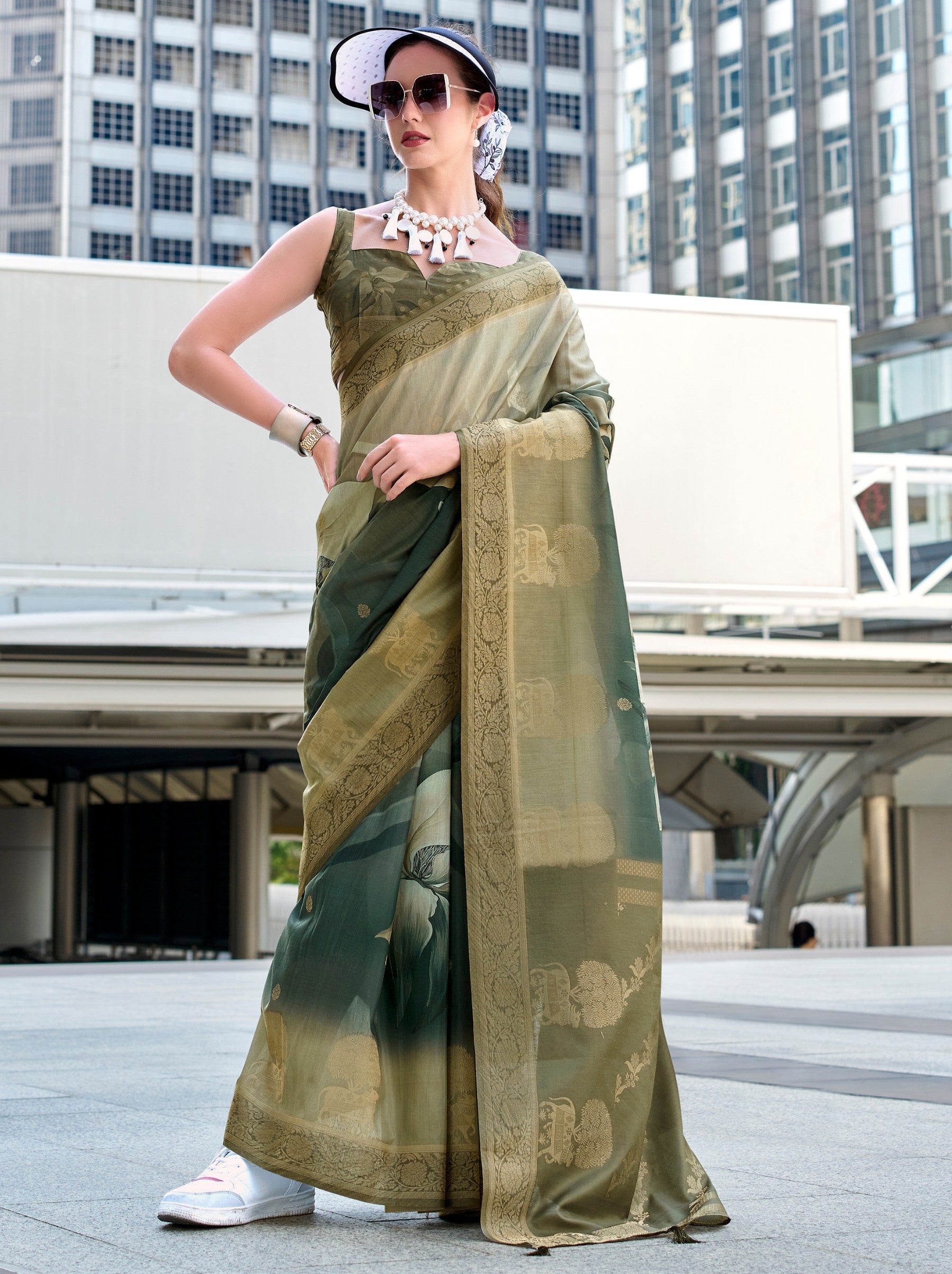 Basil Green Celebration Saree - TrendOye