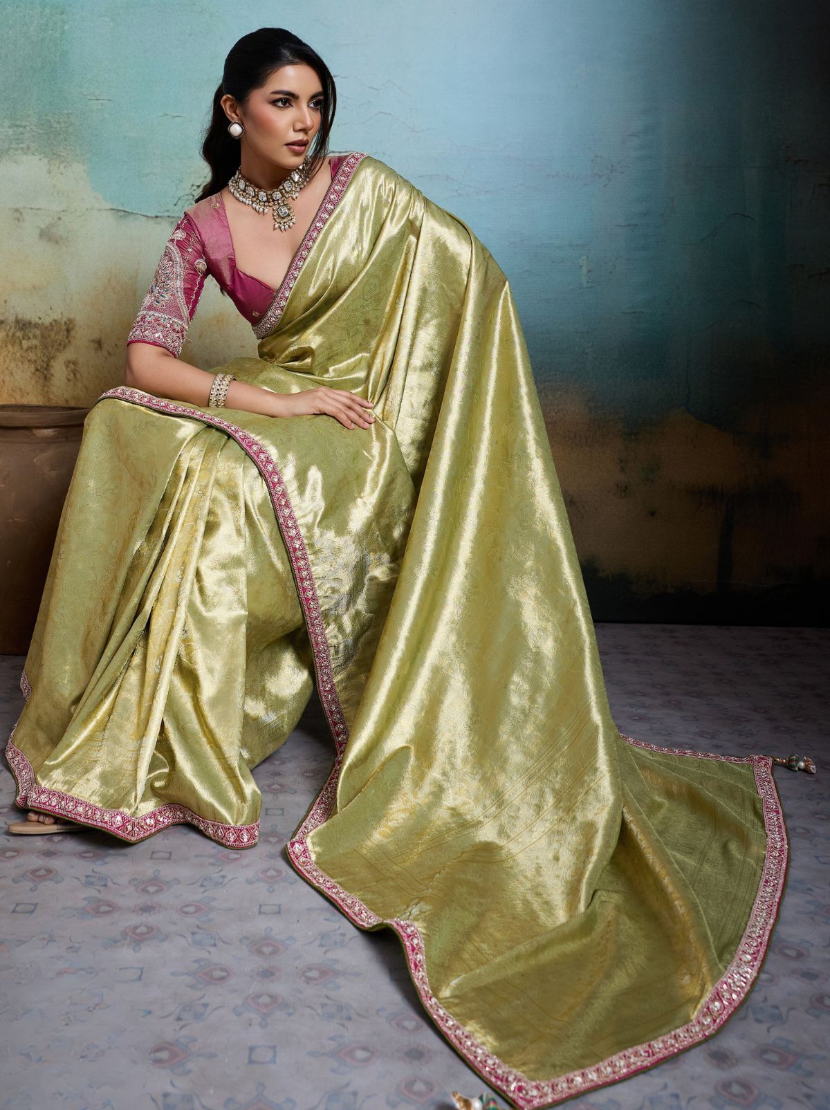 Apple Green Premium Designer Tissue Banarasi Saree With Blouse Piece