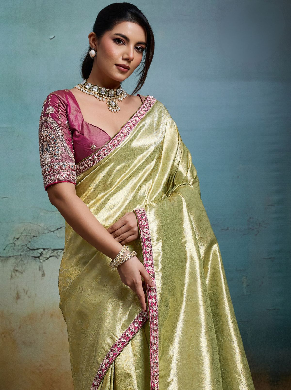 Apple Green Premium Designer Tissue Banarasi Saree With Blouse Piece