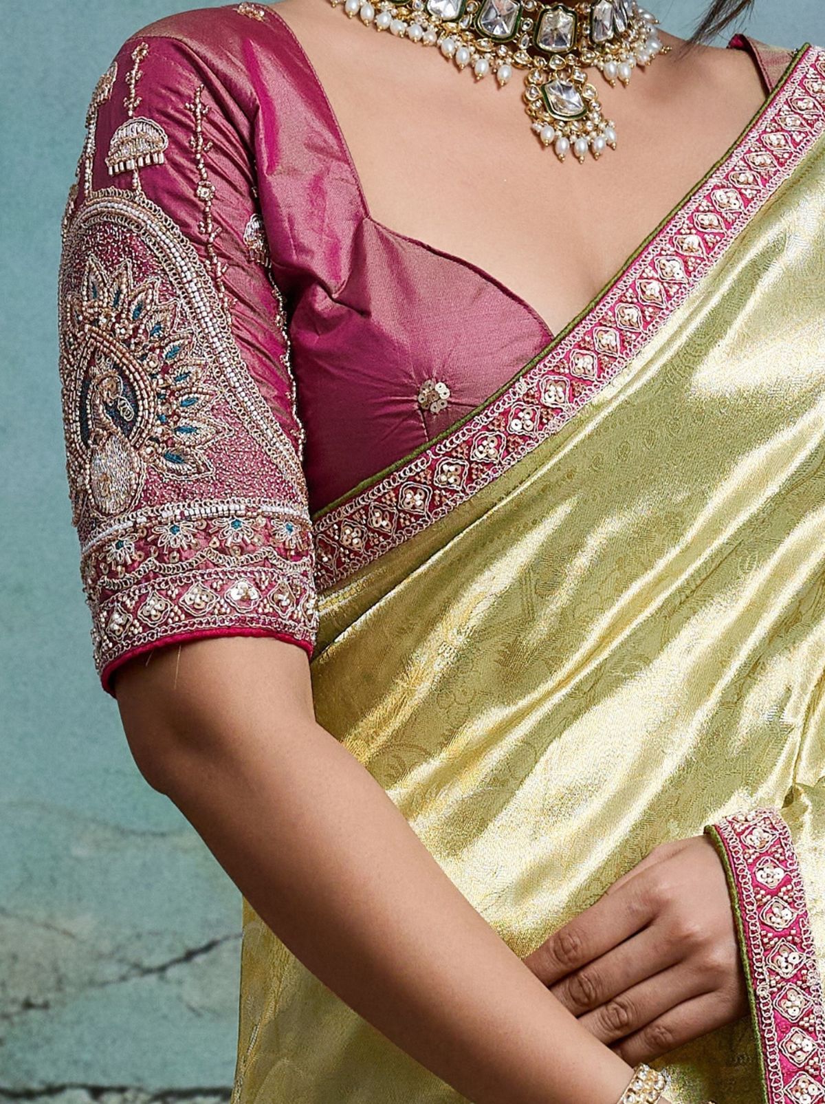 Apple Green Premium Designer Tissue Banarasi Saree With Blouse Piece