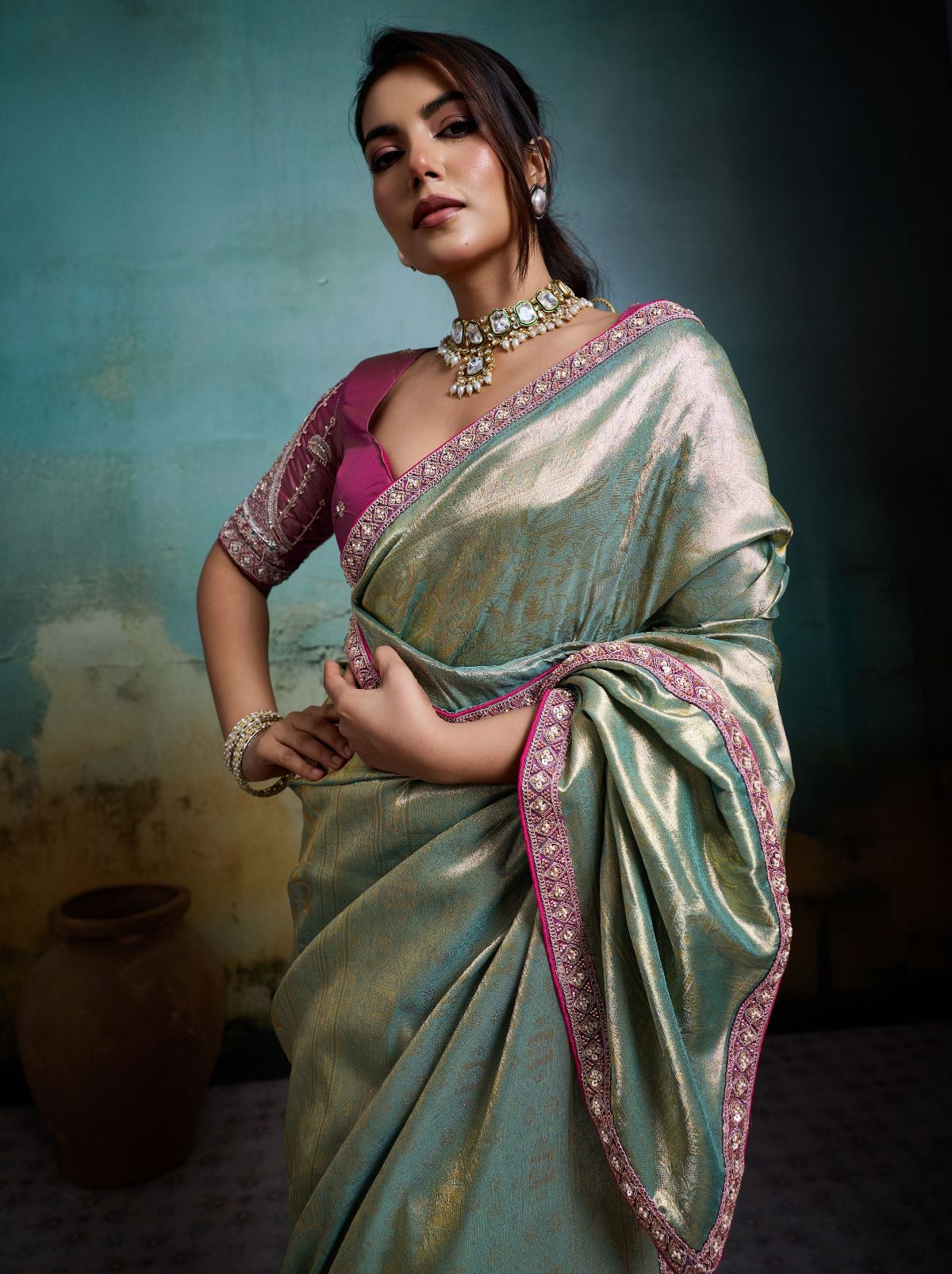 Pastel Green Premium Designer Tissue Banarasi Saree With Blouse Piece