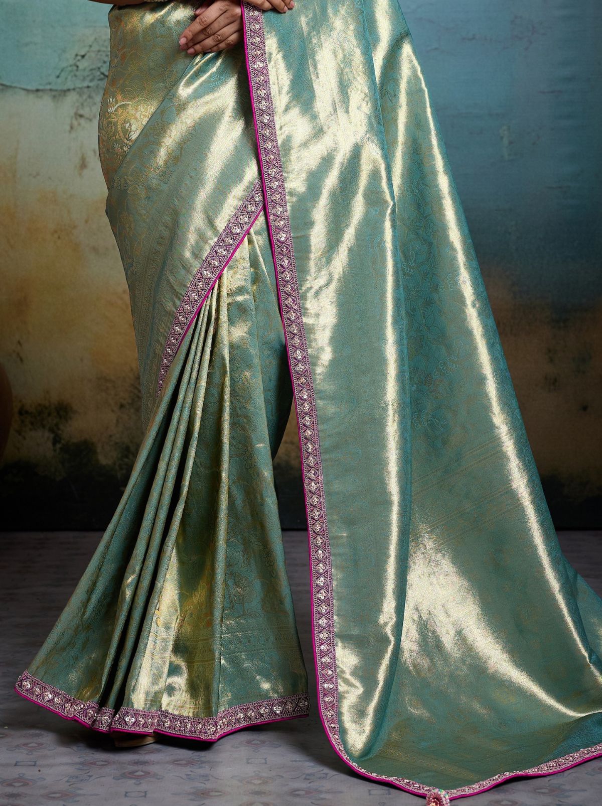 Pastel Green Premium Designer Tissue Banarasi Saree With Blouse Piece