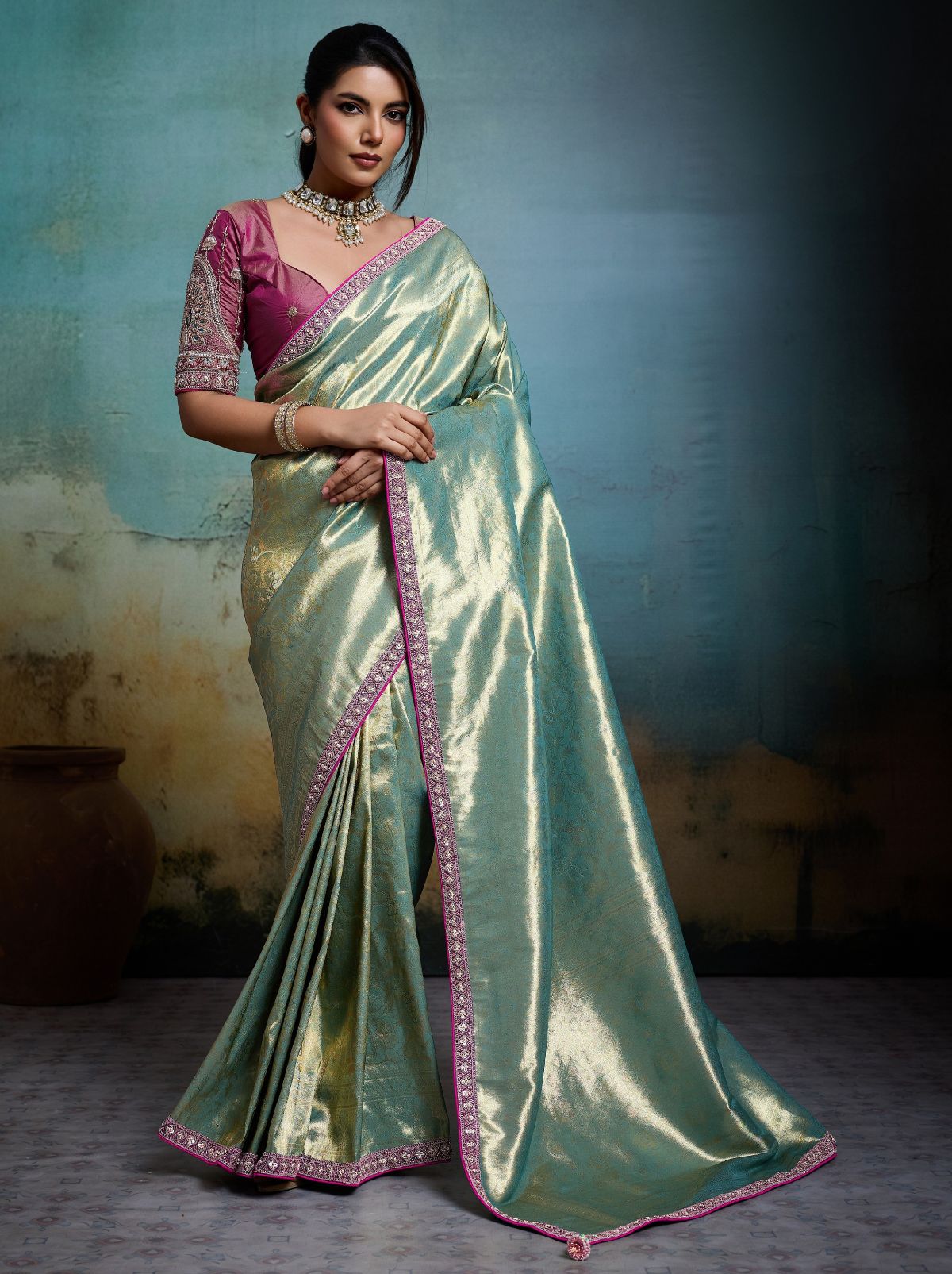 Pastel Green Premium Designer Tissue Banarasi Saree With Blouse Piece