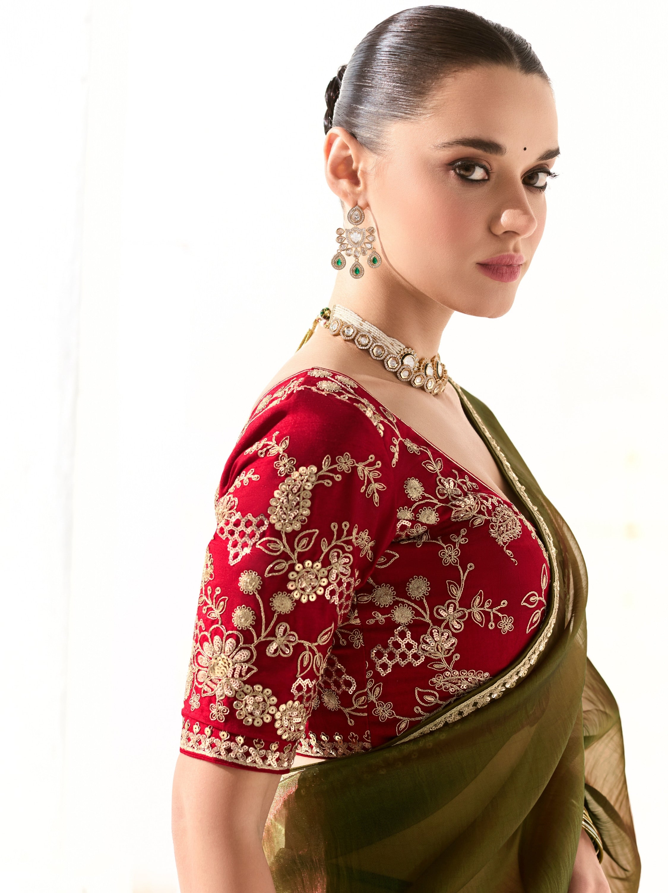 Army Green Organza Tissue Ethnic Saree With Embroidered Border