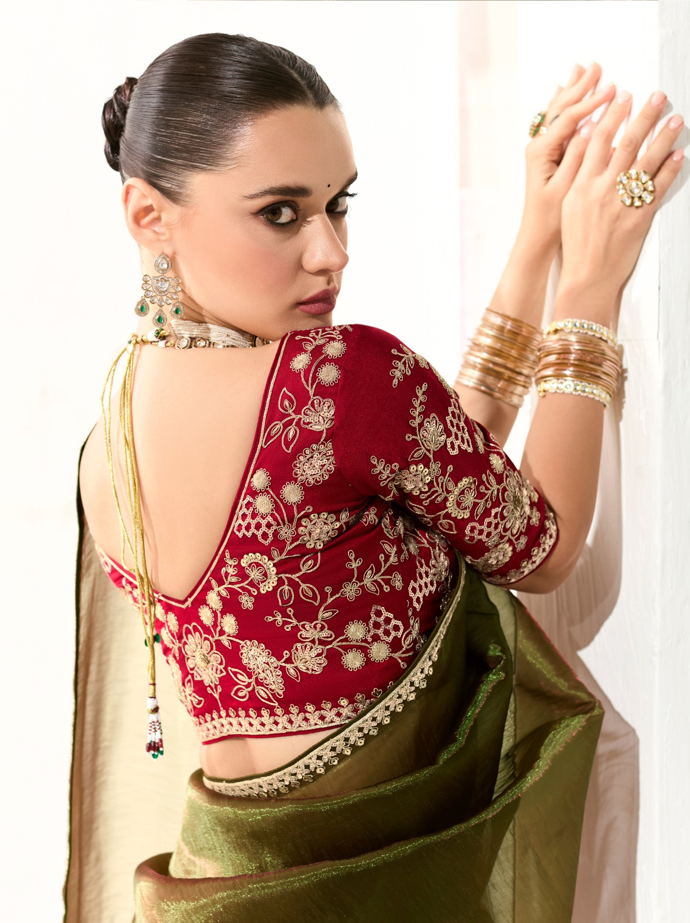 Army Green Organza Tissue Ethnic Saree With Embroidered Border