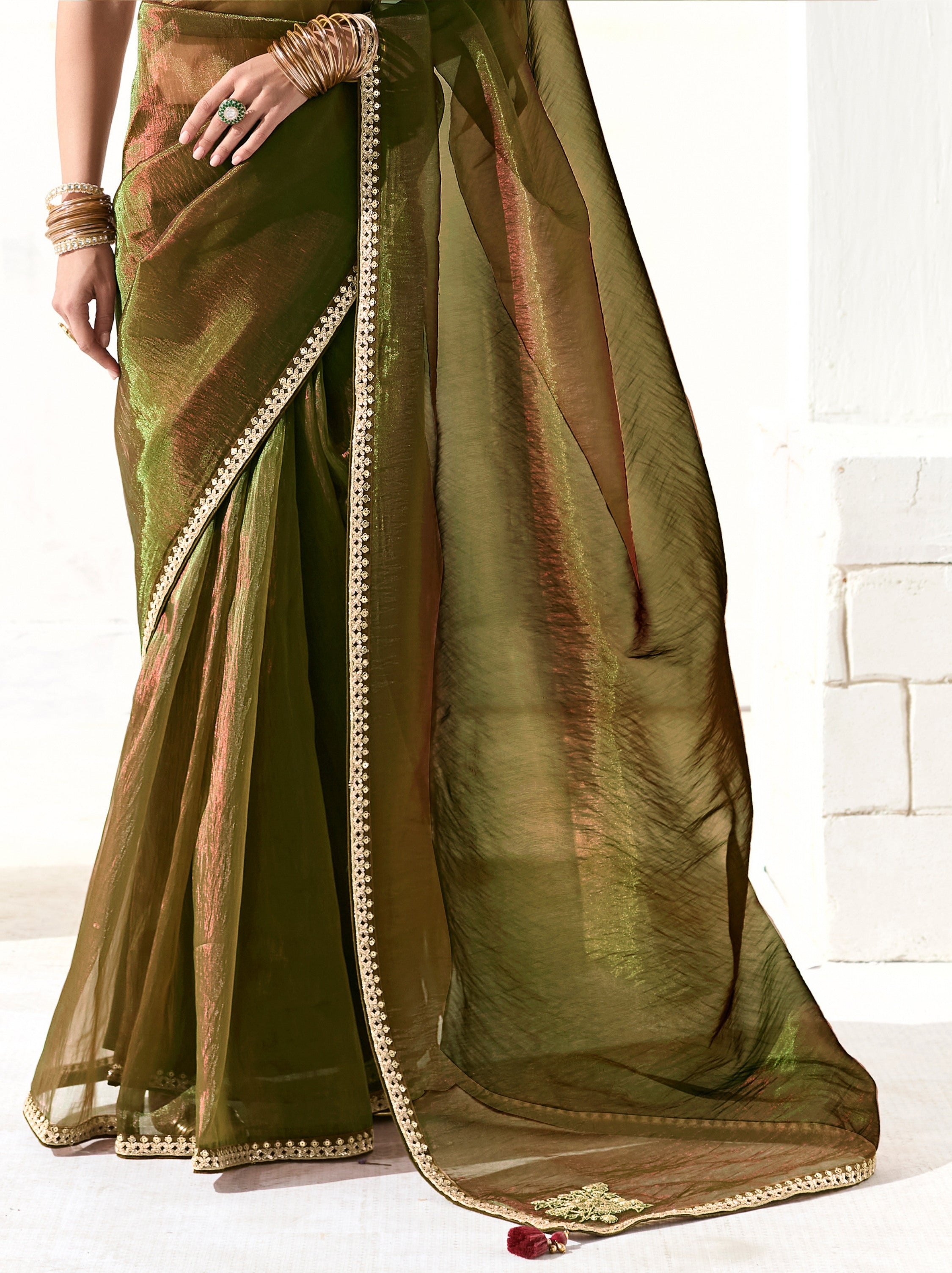 Army Green Organza Tissue Ethnic Saree With Embroidered Border