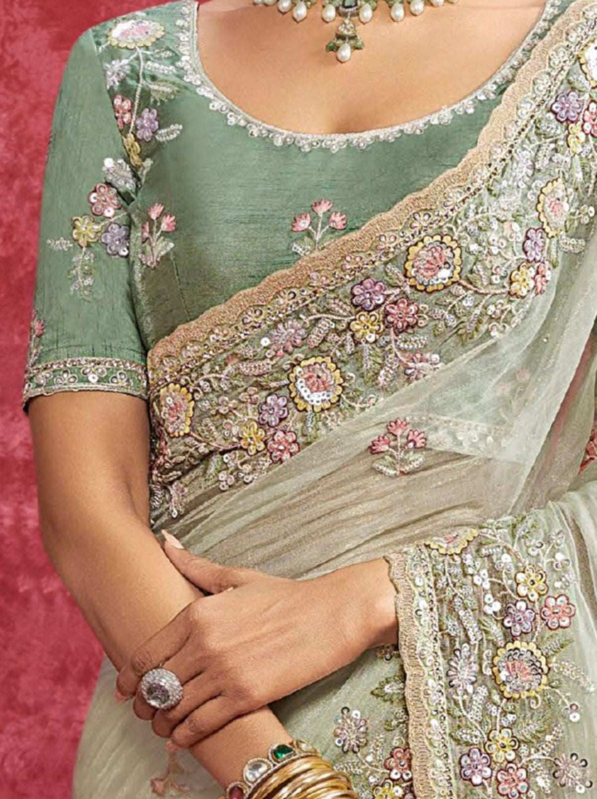 Tea Green Designer Fancy Sequin Saree With Tassels