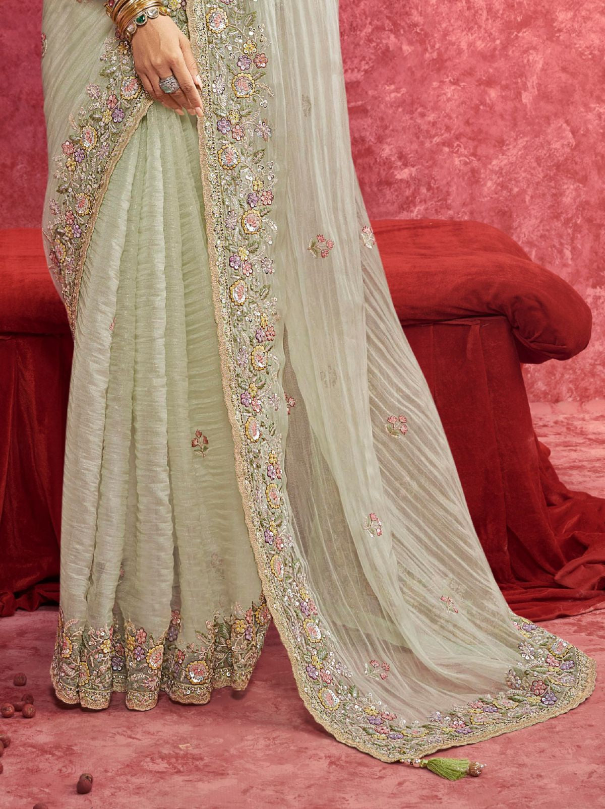 Tea Green Designer Fancy Sequin Saree With Tassels