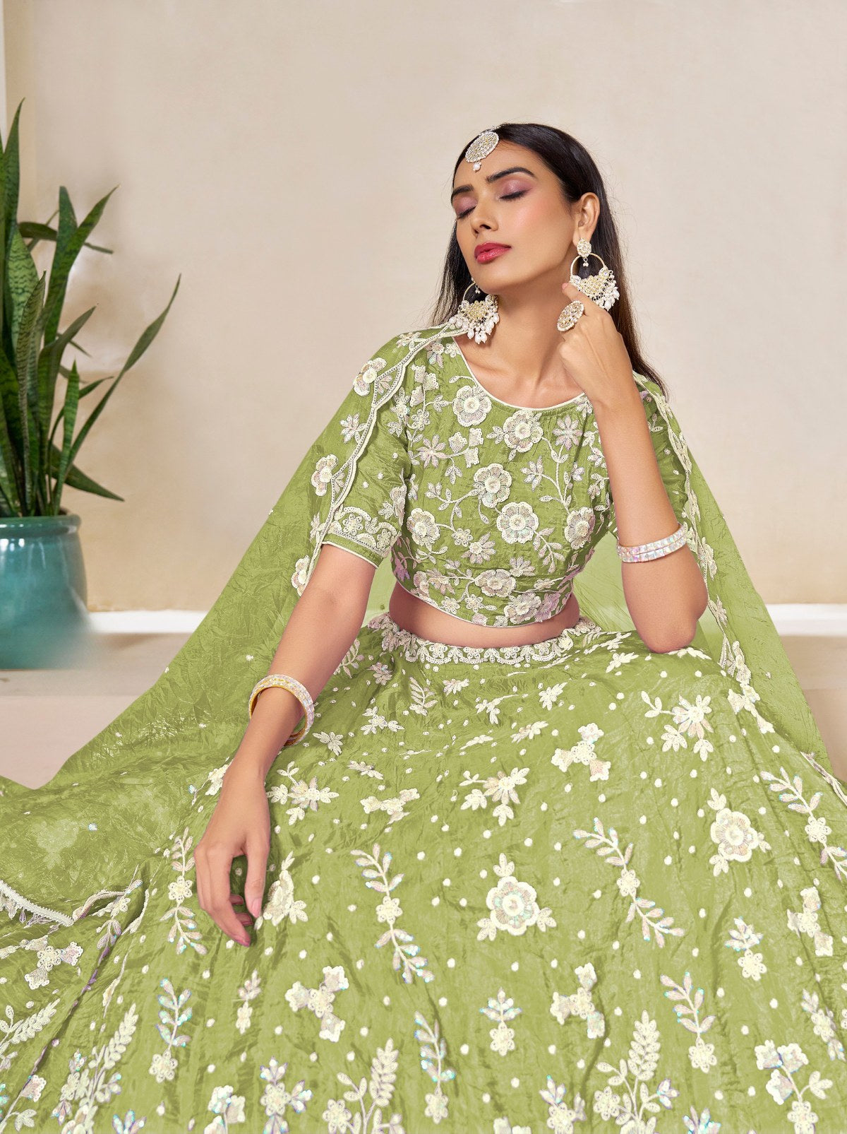 Jade Green Premium Festive Lehenga Set With Sequin And Zari Work - TrendOye