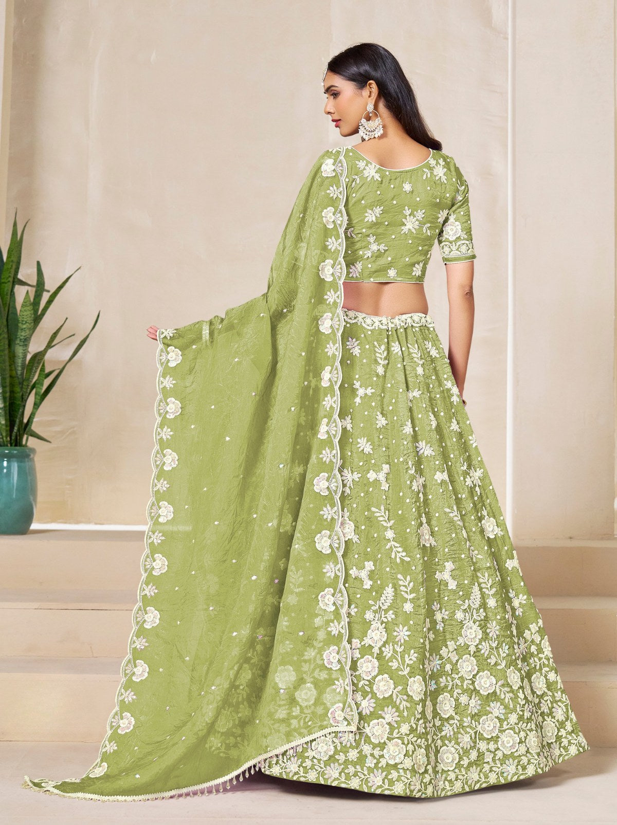 Jade Green Premium Festive Lehenga Set With Sequin And Zari Work - TrendOye