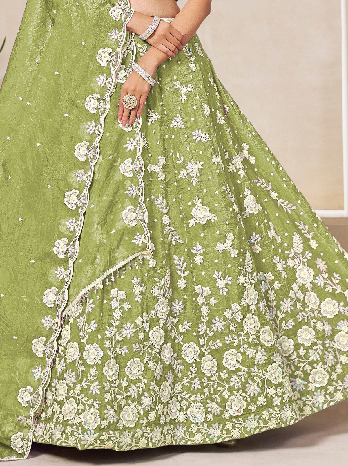 Jade Green Premium Festive Lehenga Set With Sequin And Zari Work - TrendOye