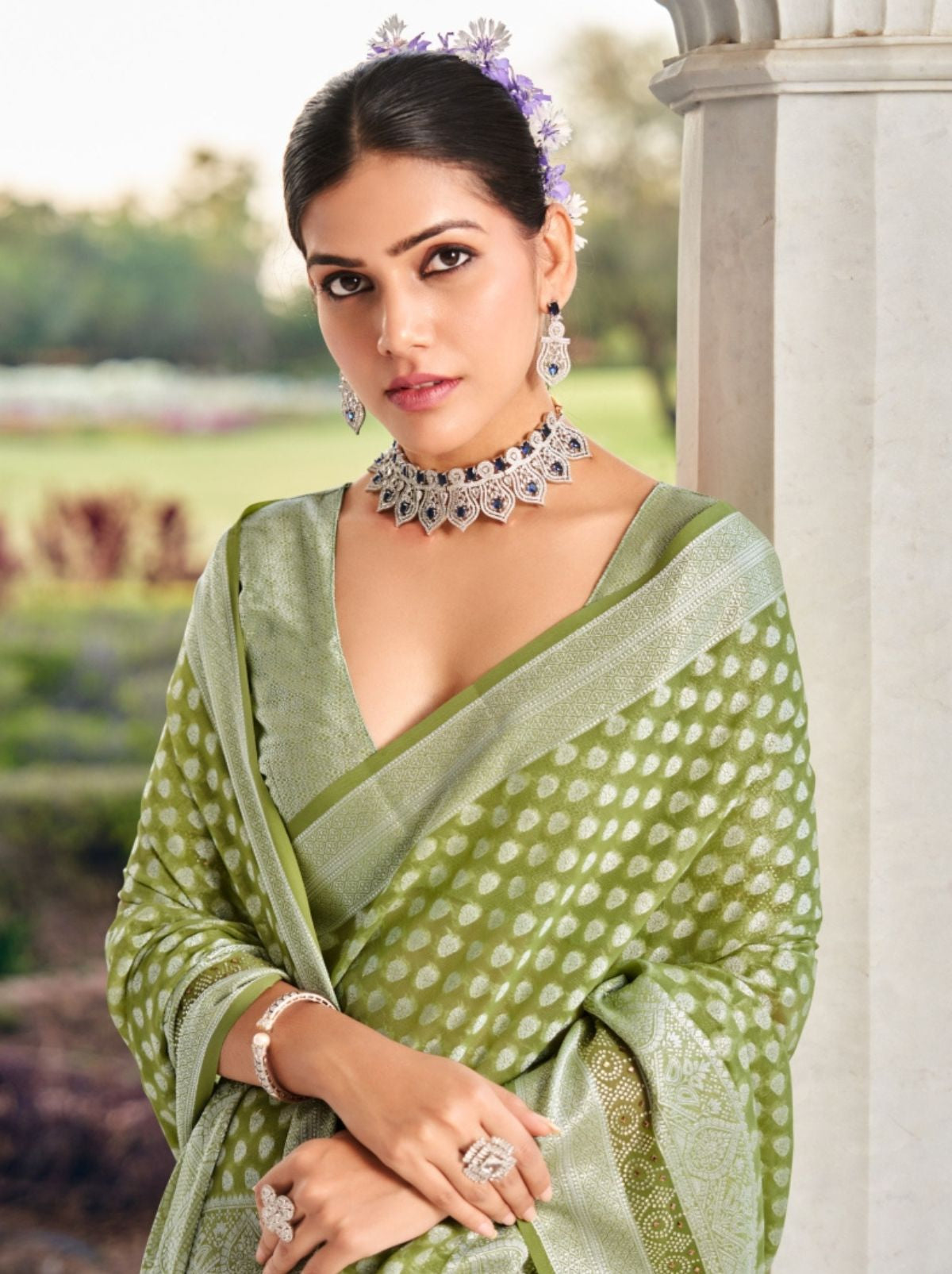 Moss Green Premium Georgette Saree With Weaved Motifs
