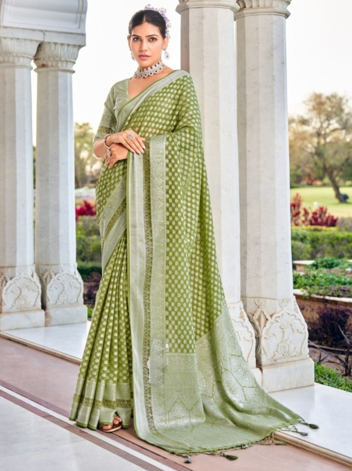 Moss Green Premium Georgette Saree With Weaved Motifs