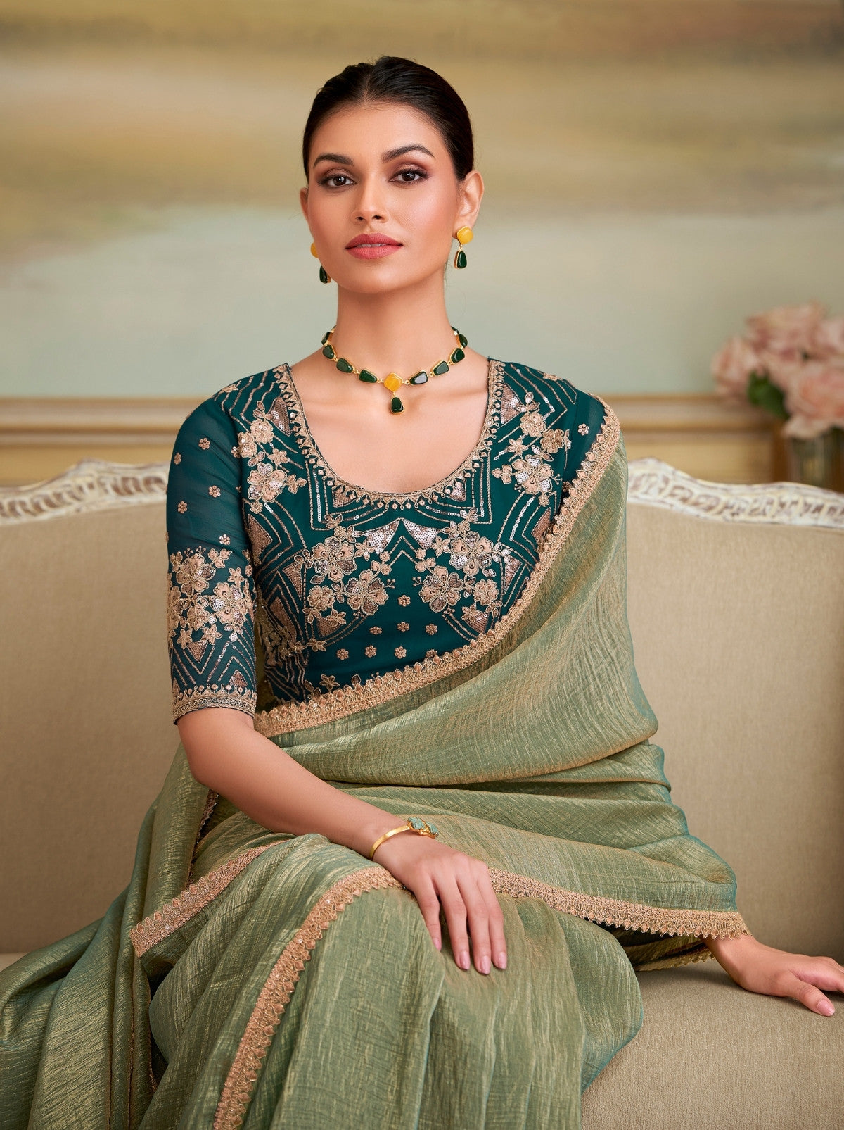 Jade Green Premium Georgette Silk Saree For Wedding & Parties