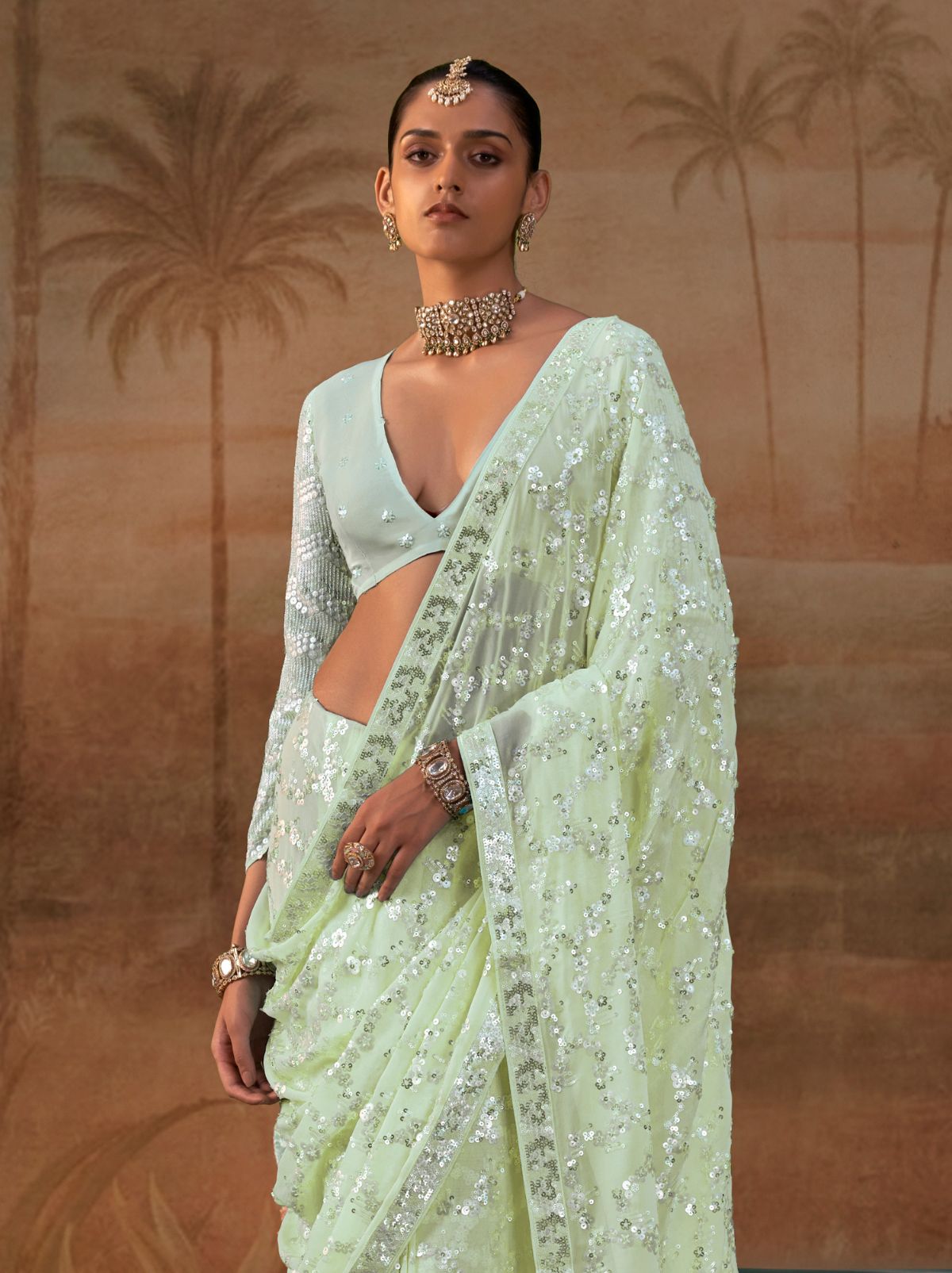 Mint Green Premium Georgette Silk Saree Sequin & Thread Work