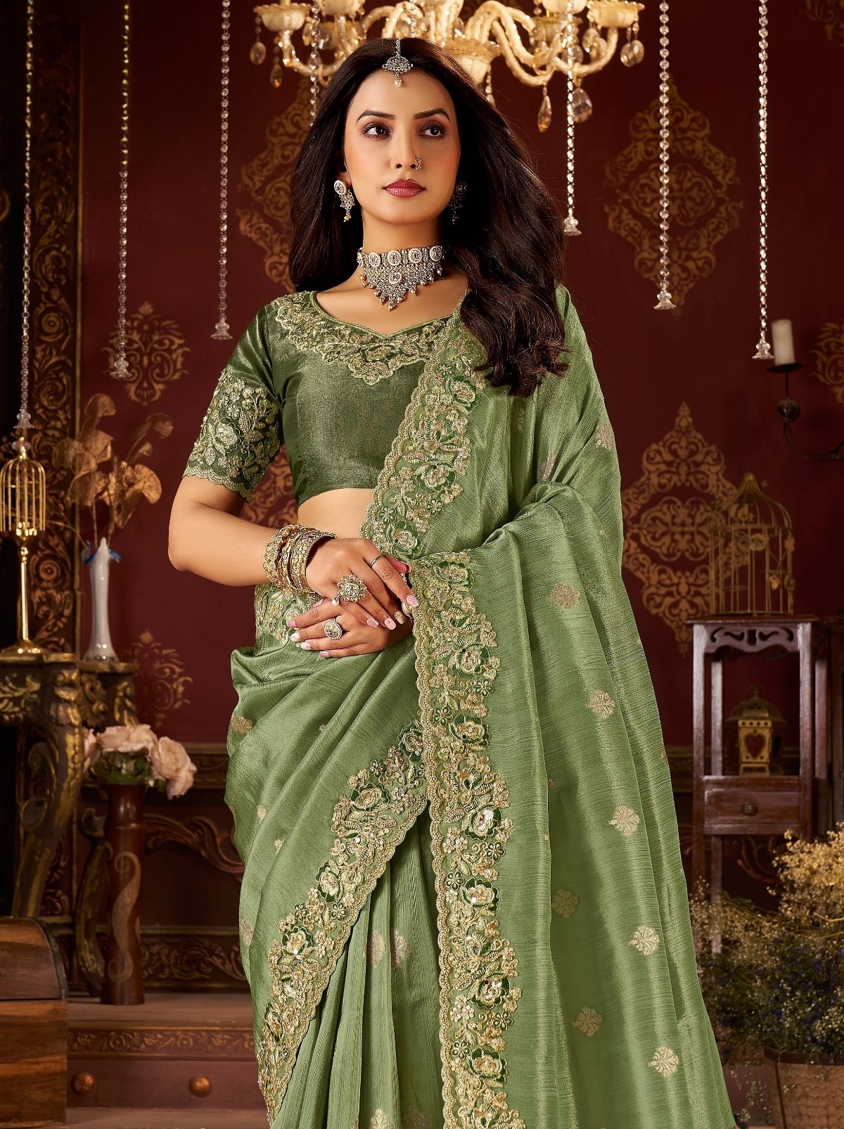 Fern Green Premium Heavy Work Bridal Saree With Rich Border Design