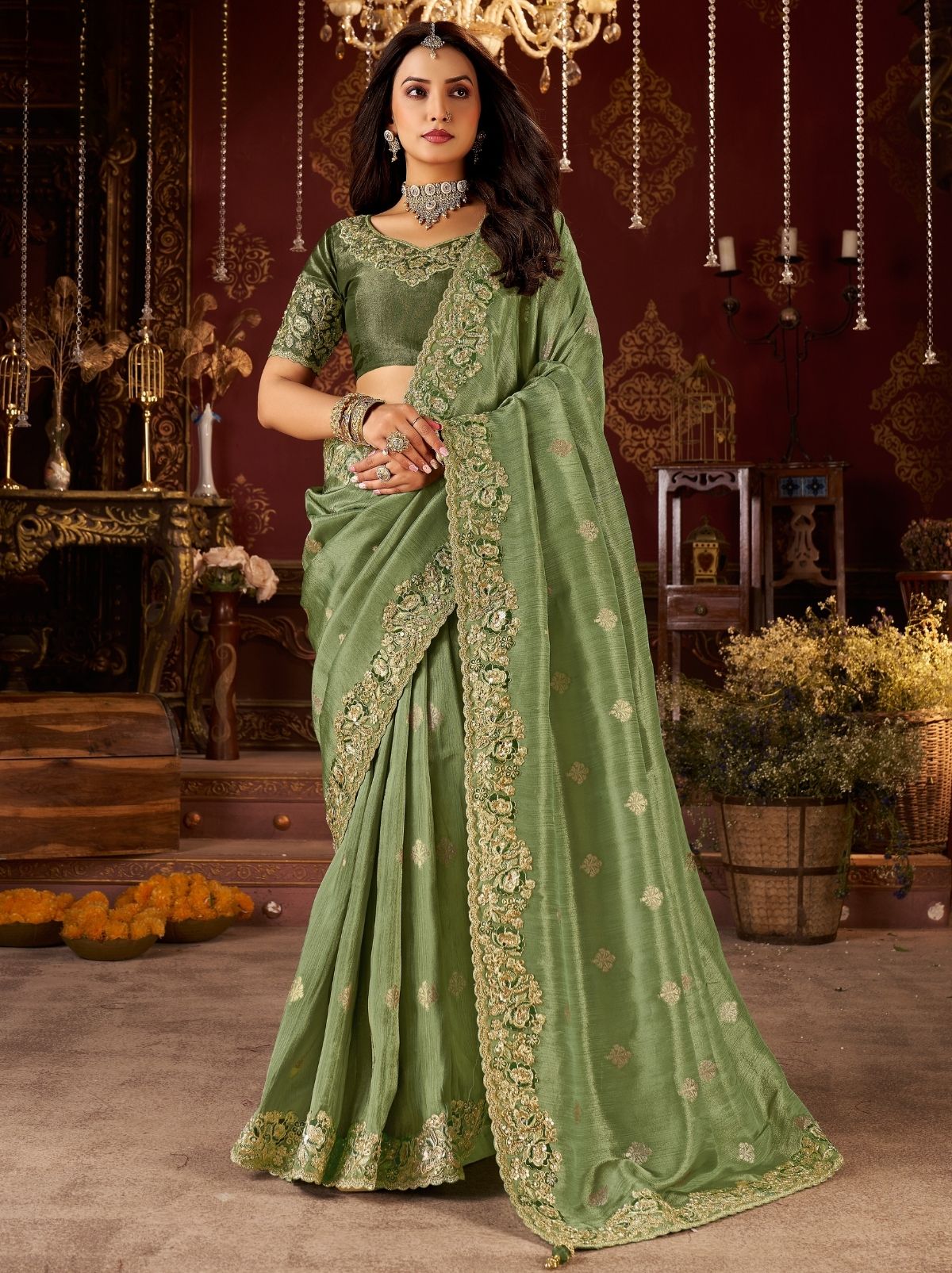 Fern Green Premium Heavy Work Bridal Saree With Rich Border Design