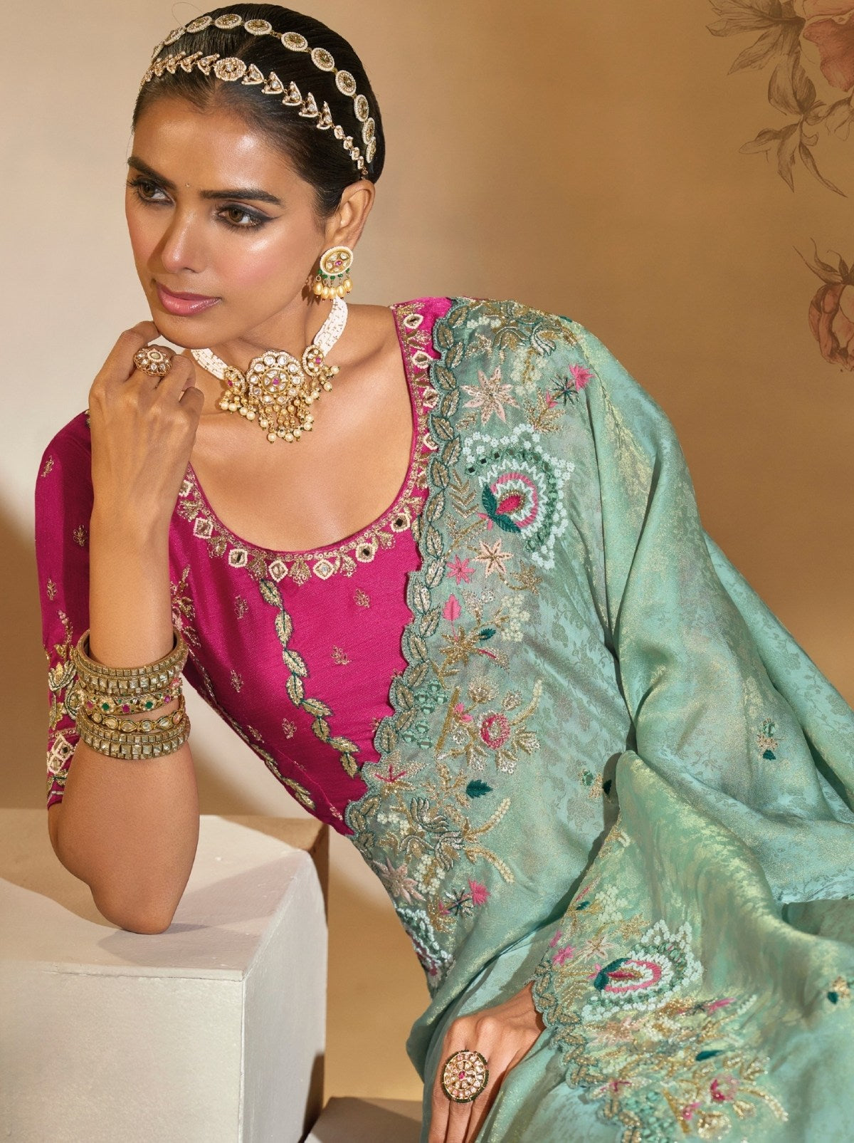 Sea Green Premium Kanjivaram Silk Blend With Heavy Pearl Work