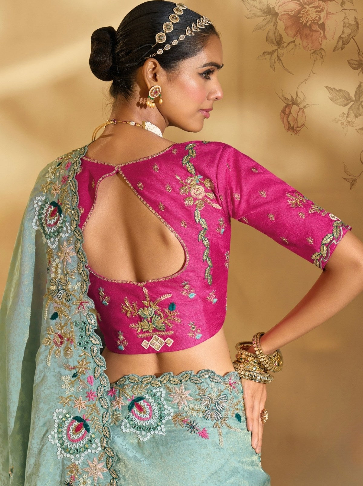 Sea Green Premium Kanjivaram Silk Blend With Heavy Pearl Work