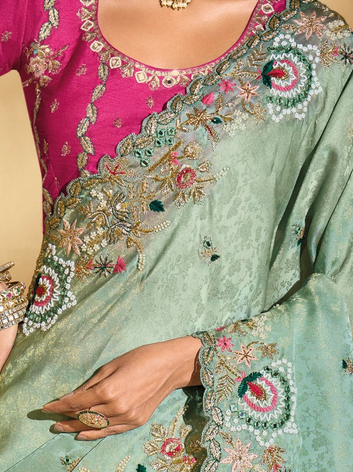 Sea Green Premium Kanjivaram Silk Blend With Heavy Pearl Work