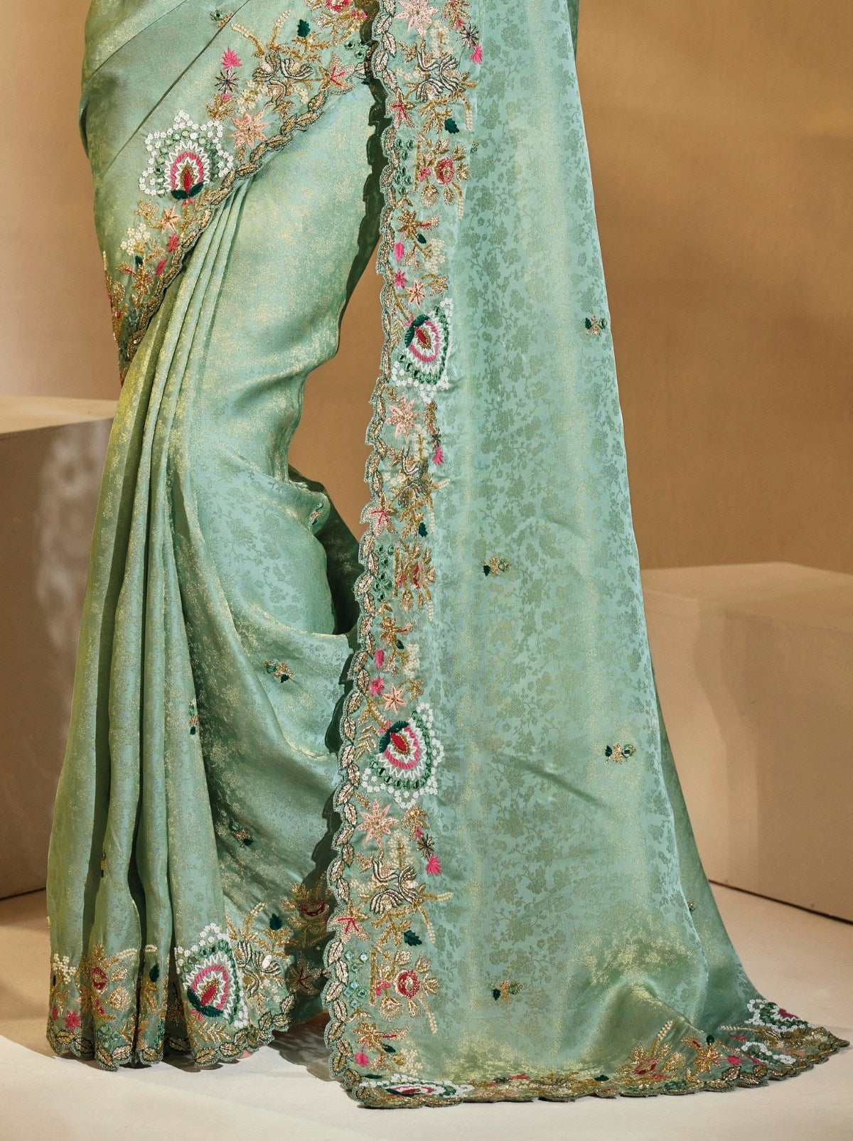 Sea Green Premium Kanjivaram Silk Blend With Heavy Pearl Work