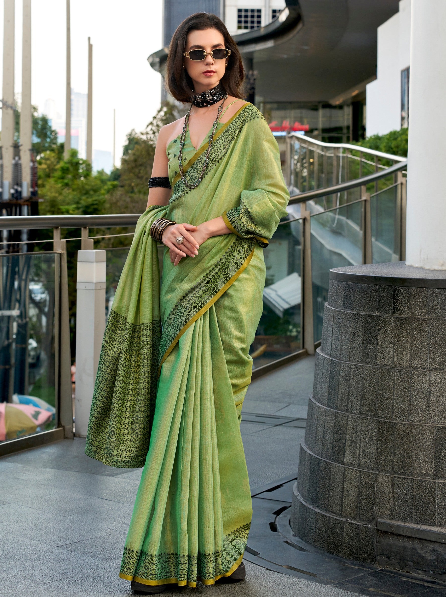 Sea Green Premium Linen Tissue Celebration Saree - TrendOye