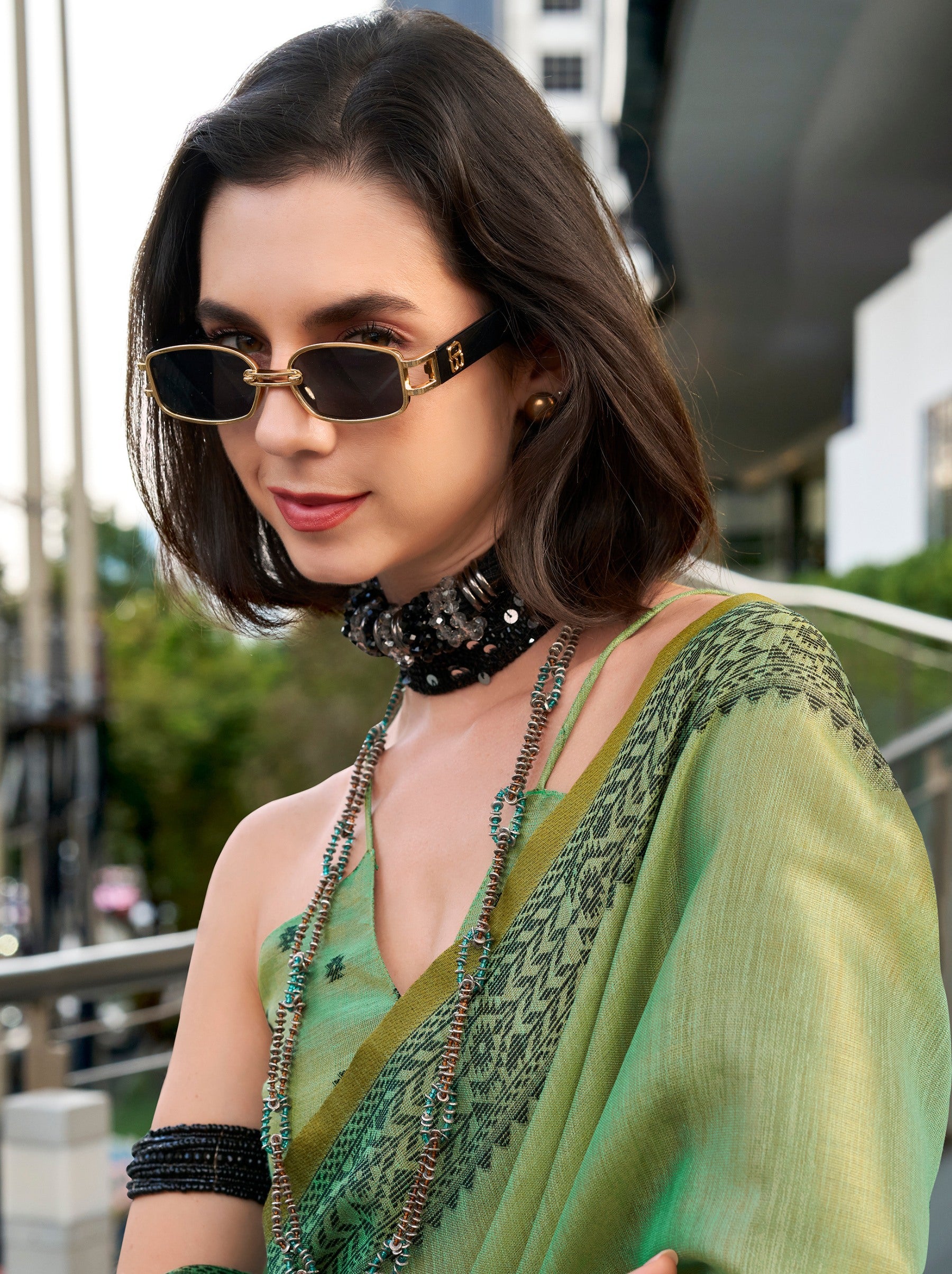 Sea Green Premium Linen Tissue Celebration Saree - TrendOye