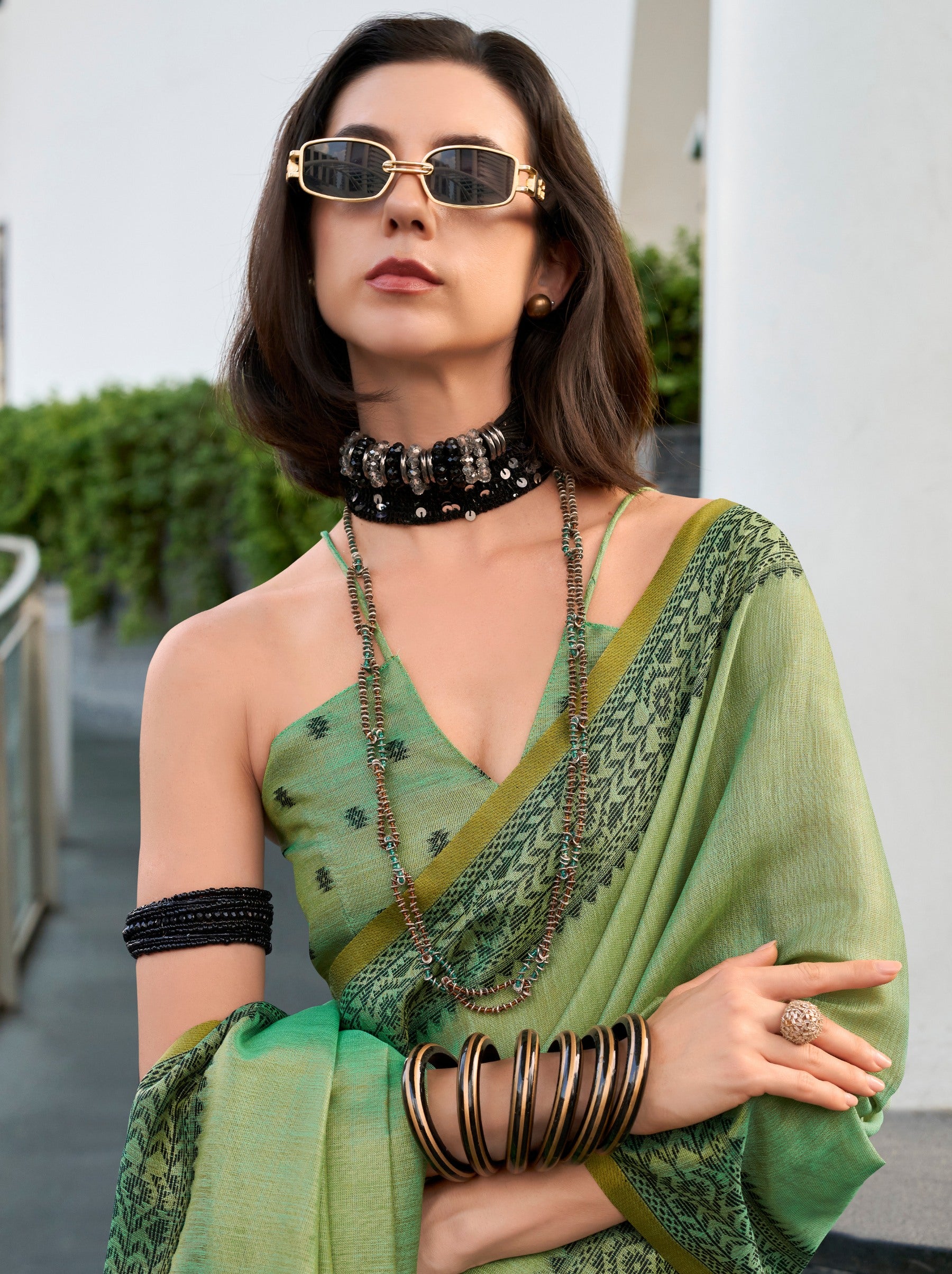 Sea Green Premium Linen Tissue Celebration Saree - TrendOye