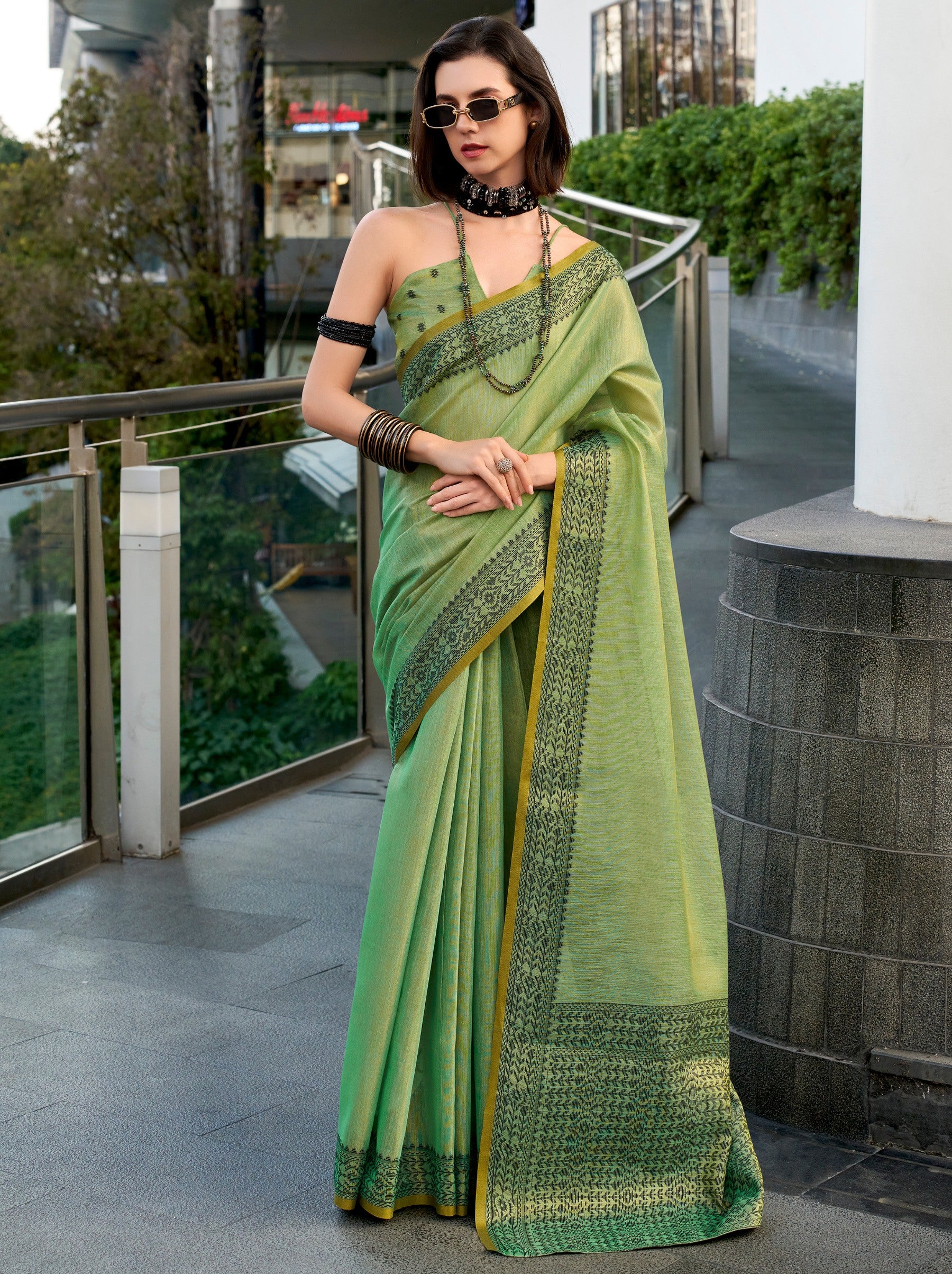 Sea Green Premium Linen Tissue Celebration Saree - TrendOye