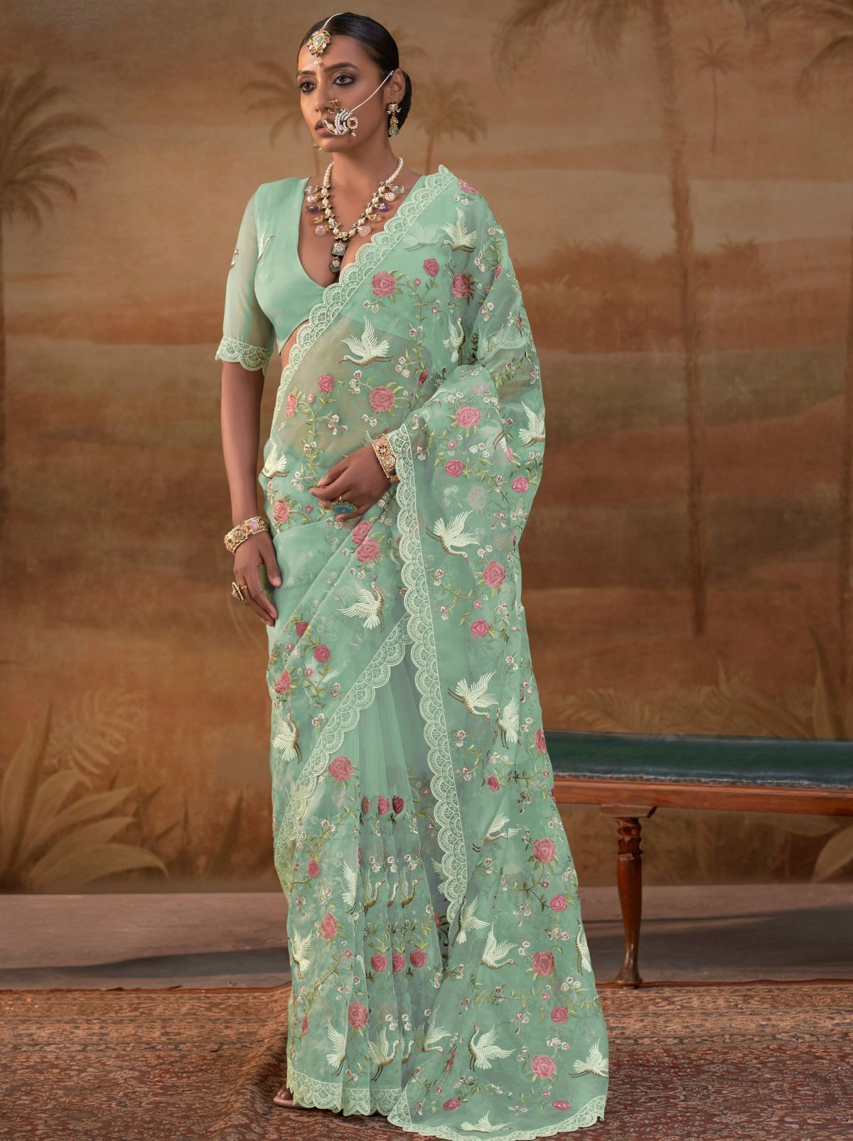Seafoam Green Premium Organza Silk Saree with Floral Embroidery