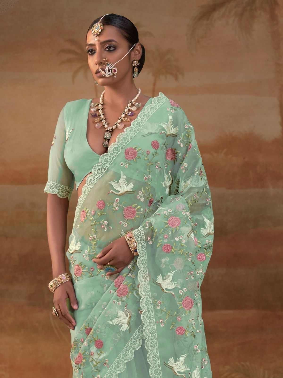 Seafoam Green Premium Organza Silk Saree with Floral Embroidery