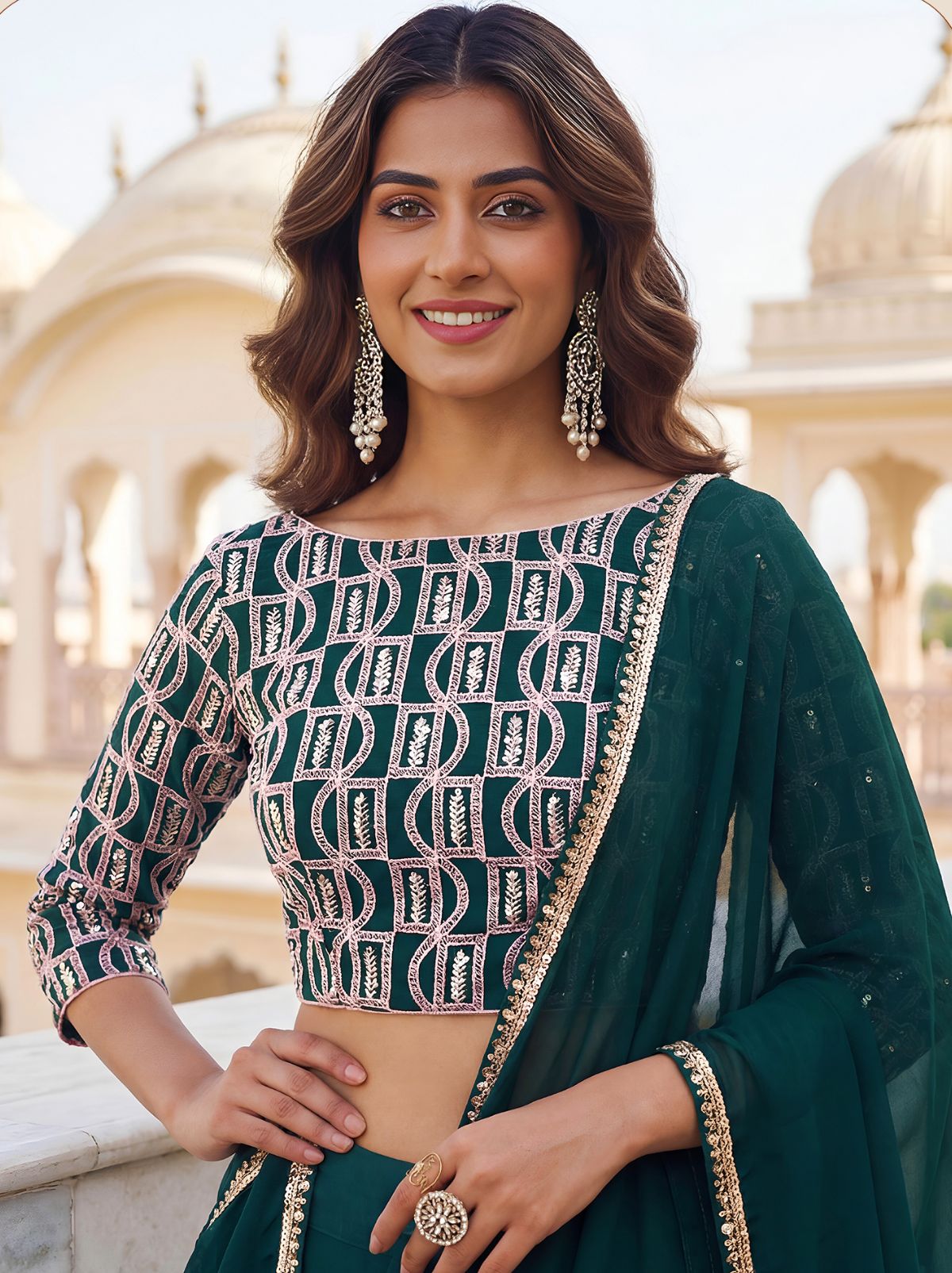 Persian Green Premium Party Lehenga Set With Sequin Work