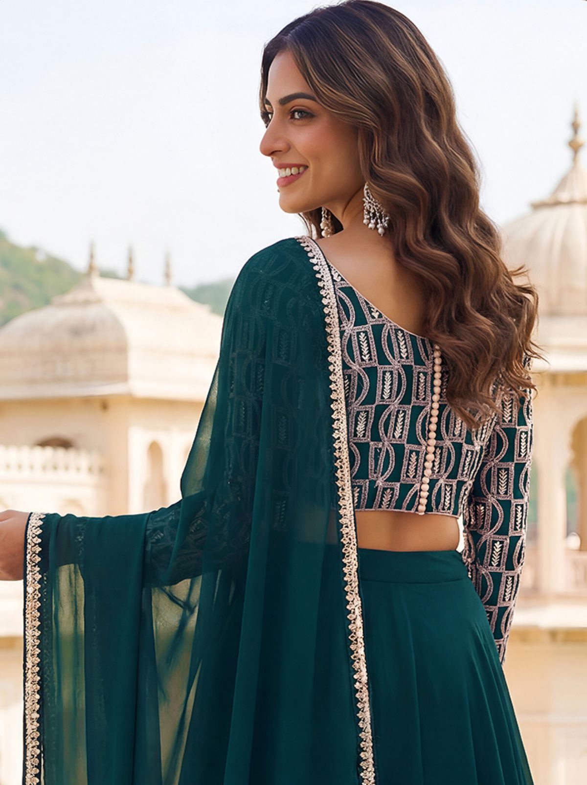 Persian Green Premium Party Lehenga Set With Sequin Work