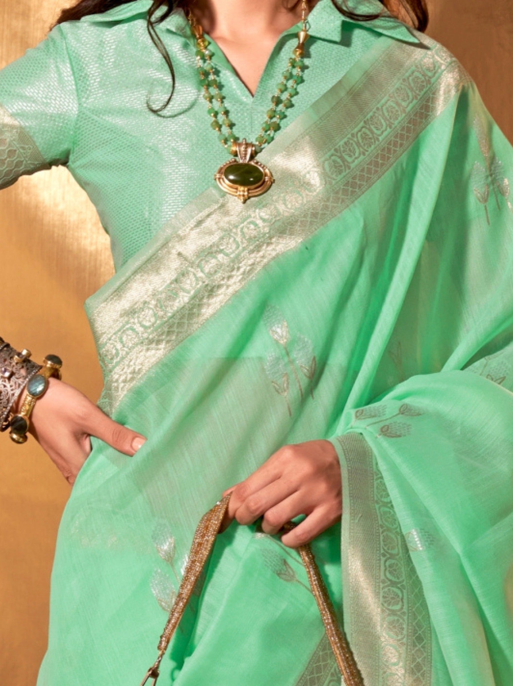 Mint Green Designer Linen Silk Saree With Blouse Piece