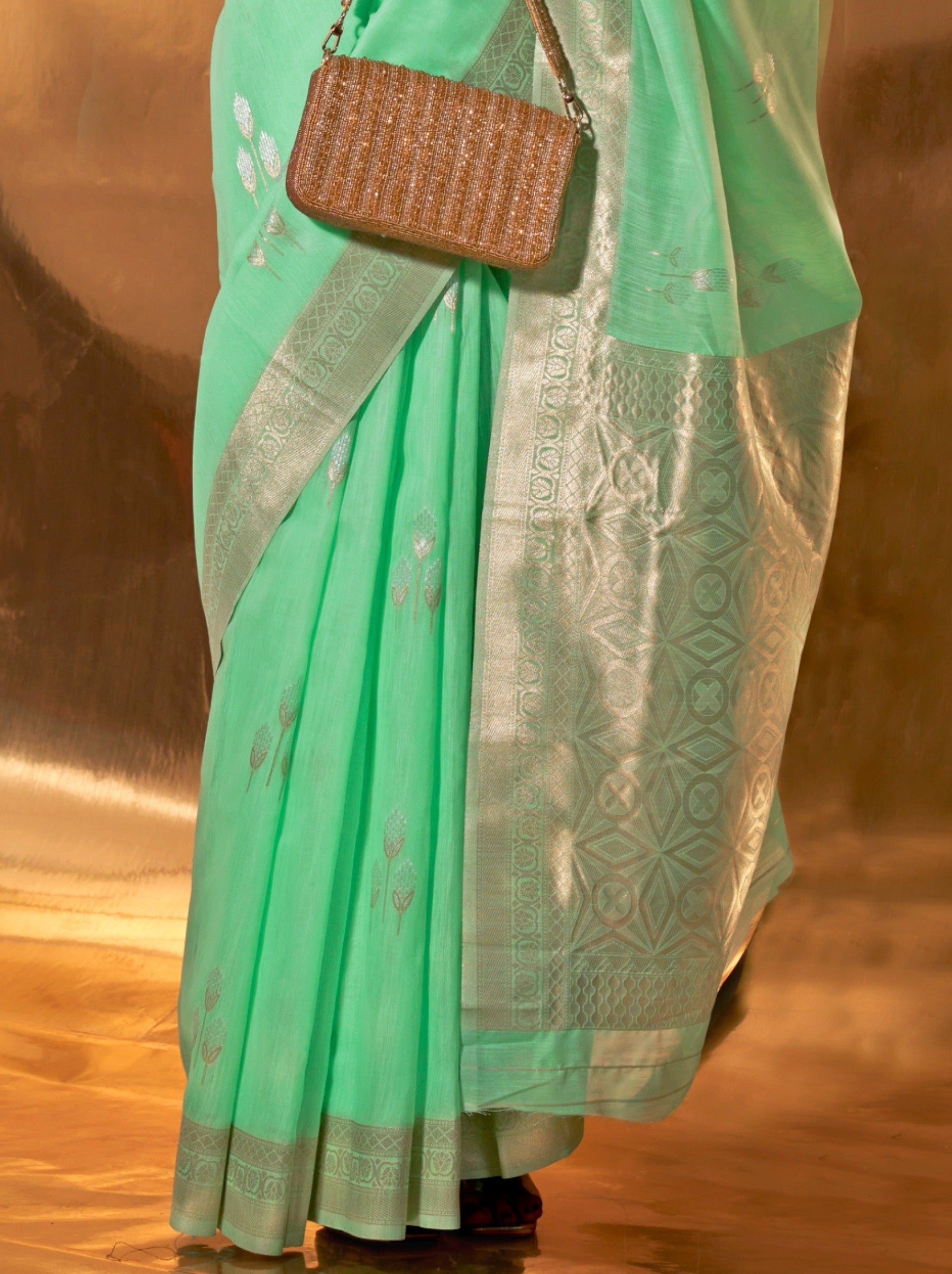 Mint Green Designer Linen Silk Saree With Blouse Piece