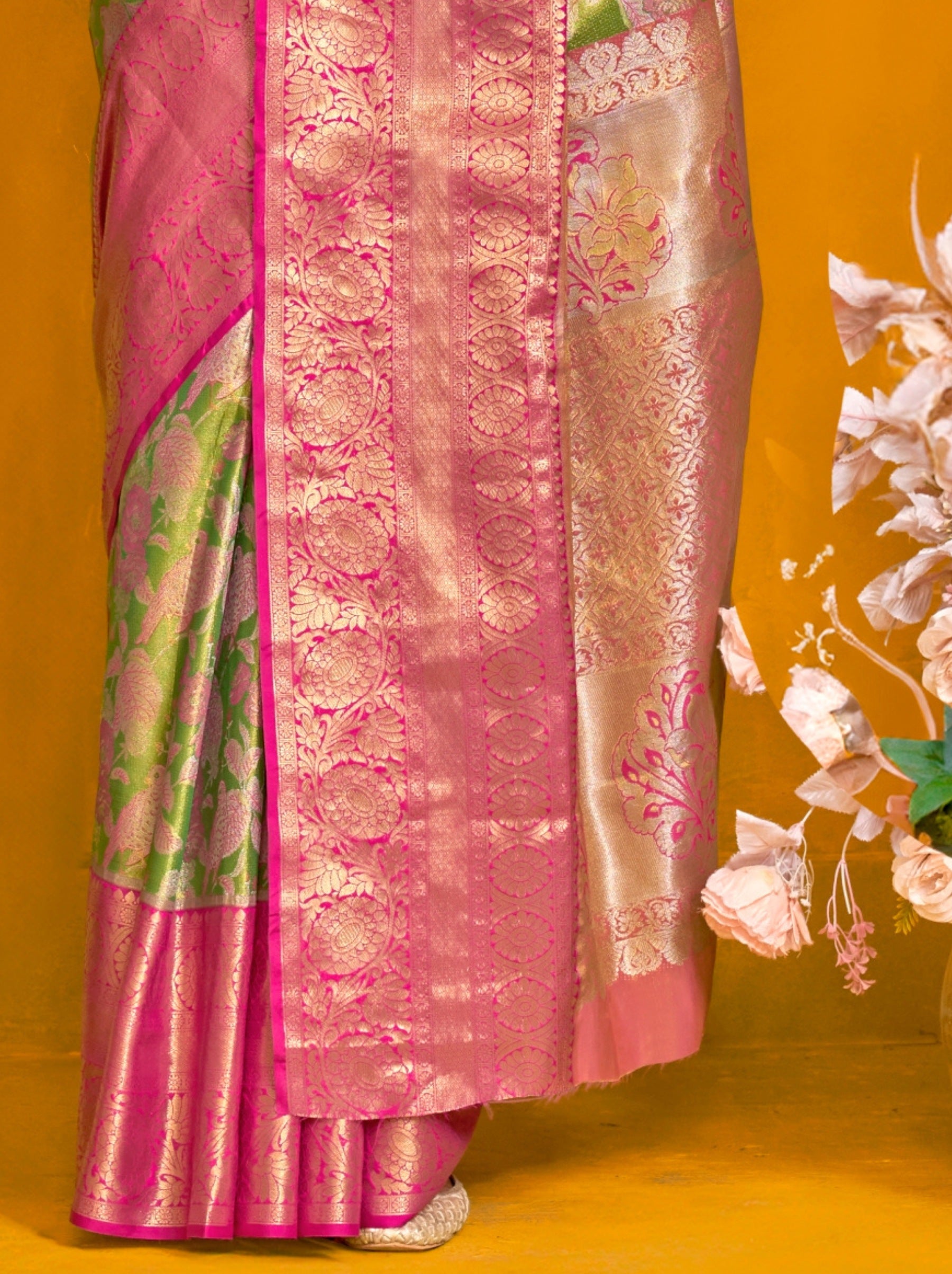 Lawn Green Premium Soft Silk Floral Pattern Saree With Unstitched Blouse - TrendOye