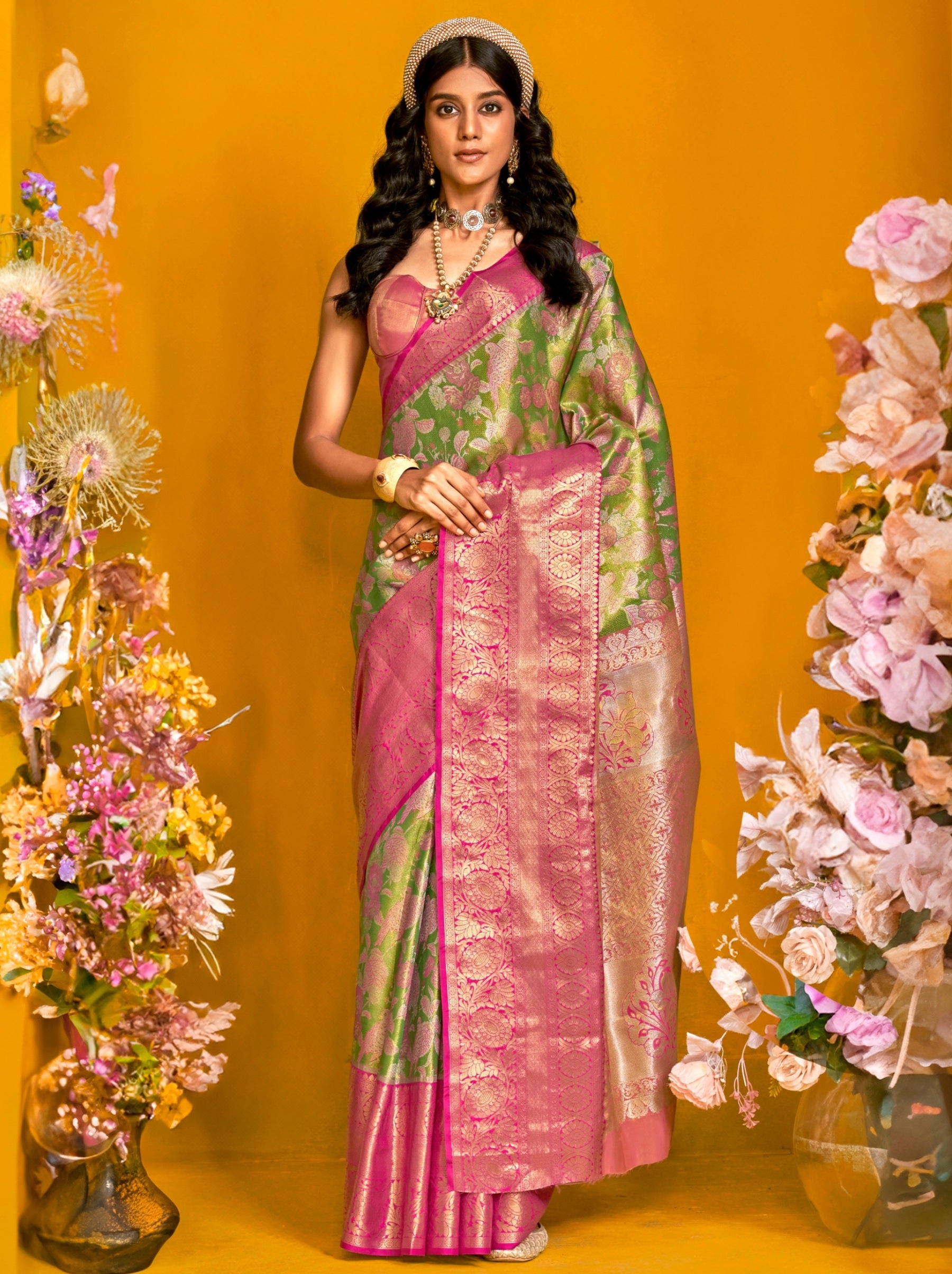 Lawn Green Premium Soft Silk Floral Pattern Saree With Unstitched Blouse - TrendOye