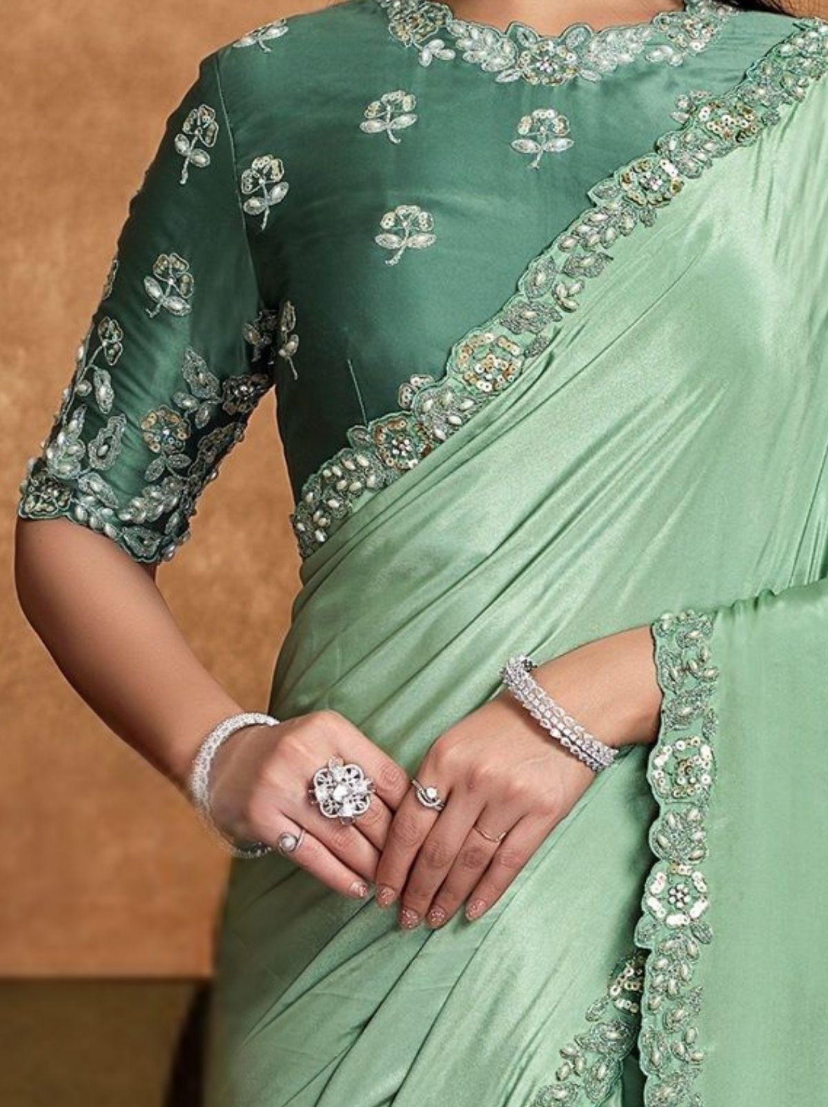 Mint Green Premium Reception Wear Saree With Unstitched Blouse