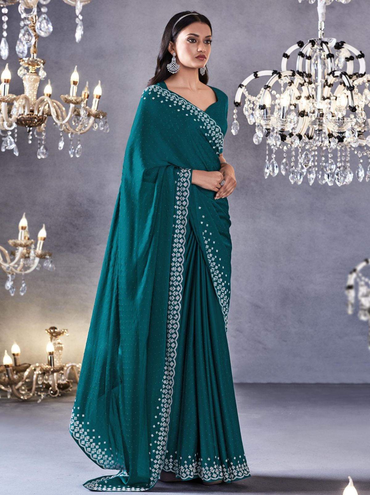 Pine Green Premium Satin Silk Saree - TrendOye