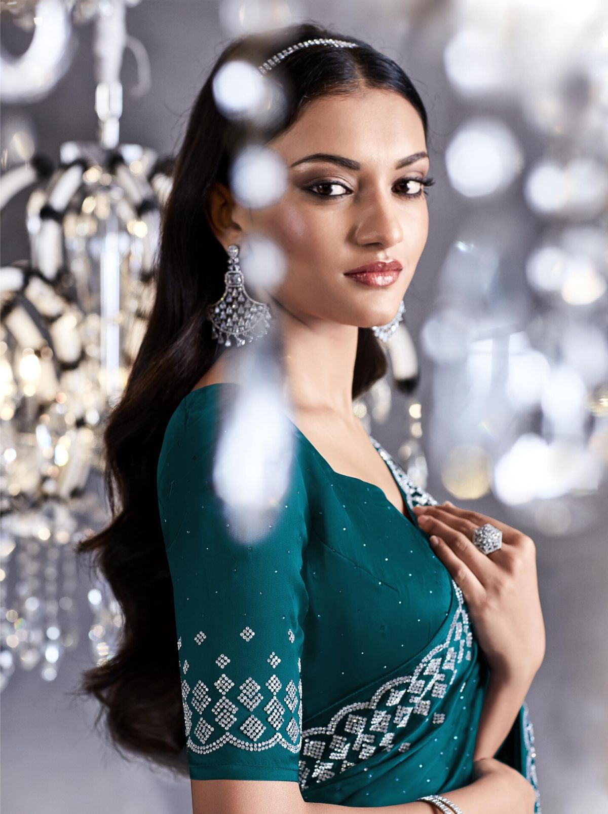 Pine Green Premium Satin Silk Saree - TrendOye